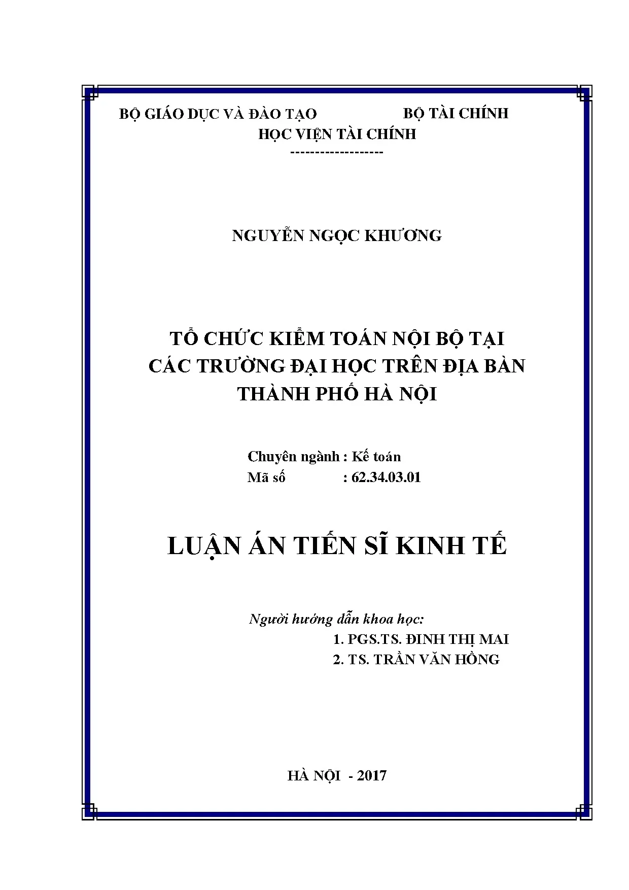 Luận án tổ chức kiểm toán nội bộ tại các trường đại học Hà Nội