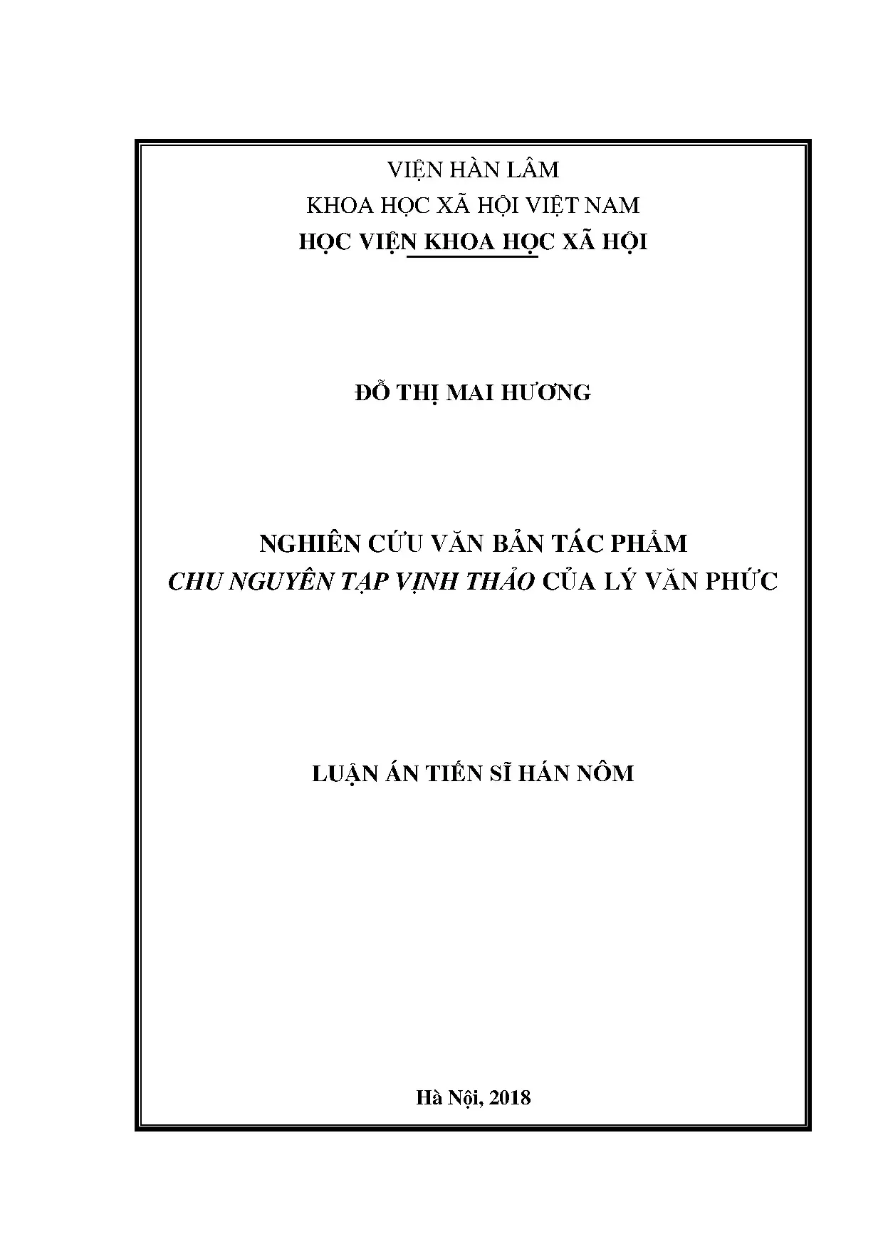 Nghiên cứu văn bản tác phẩm Chu Nguyên tạp vịnh thảo của Lý Văn Phức