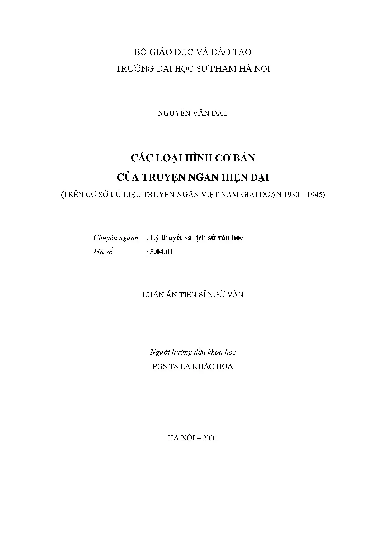 Các loại hình cơ bản truyện ngắn hiện đại Việt Nam 1930-1945