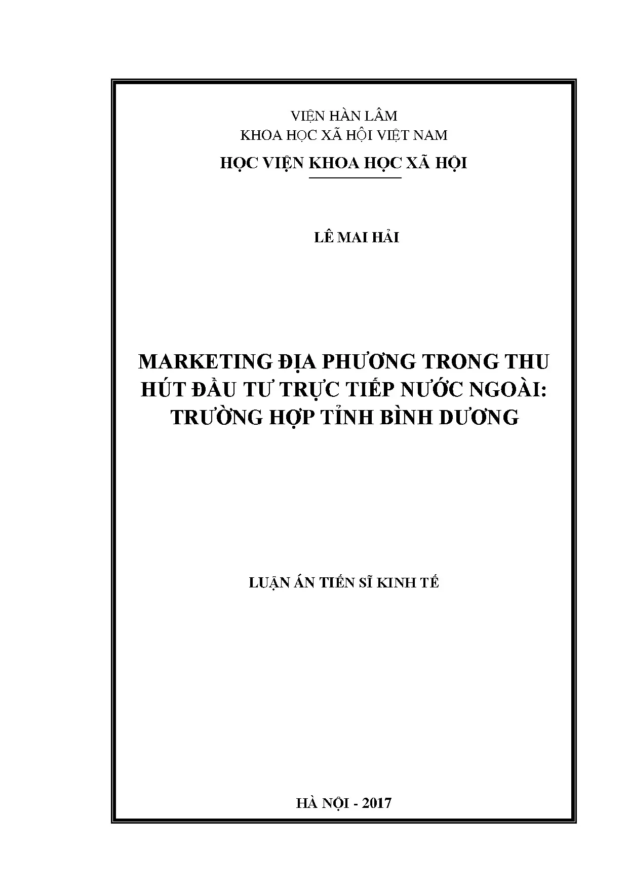 Marketing địa phương trong thu hút đầu tư trực tiếp nước ngoài - Trường hợp tỉnh Bình Dương