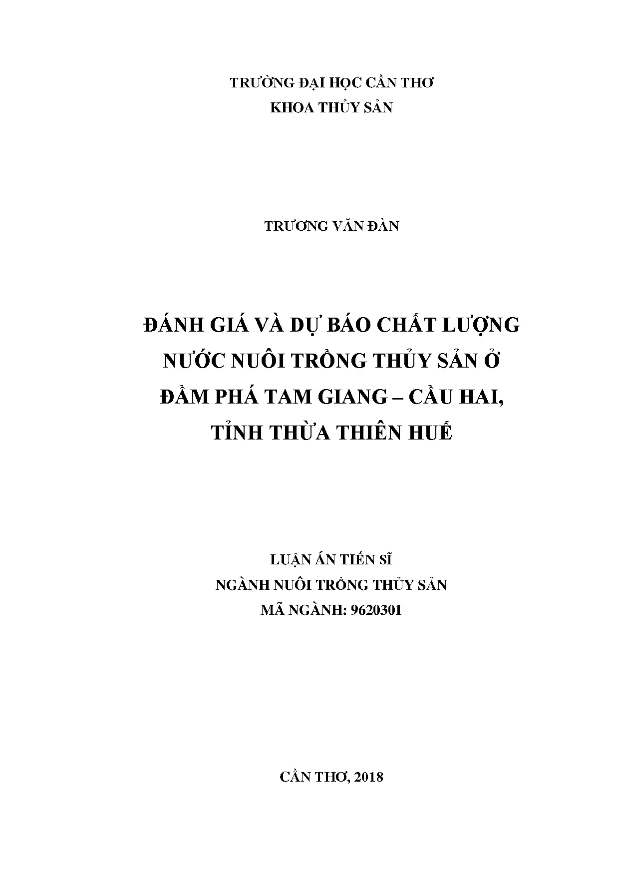 Đánh giá chất lượng nước nuôi trồng thủy sản đầm phá Tam Giang