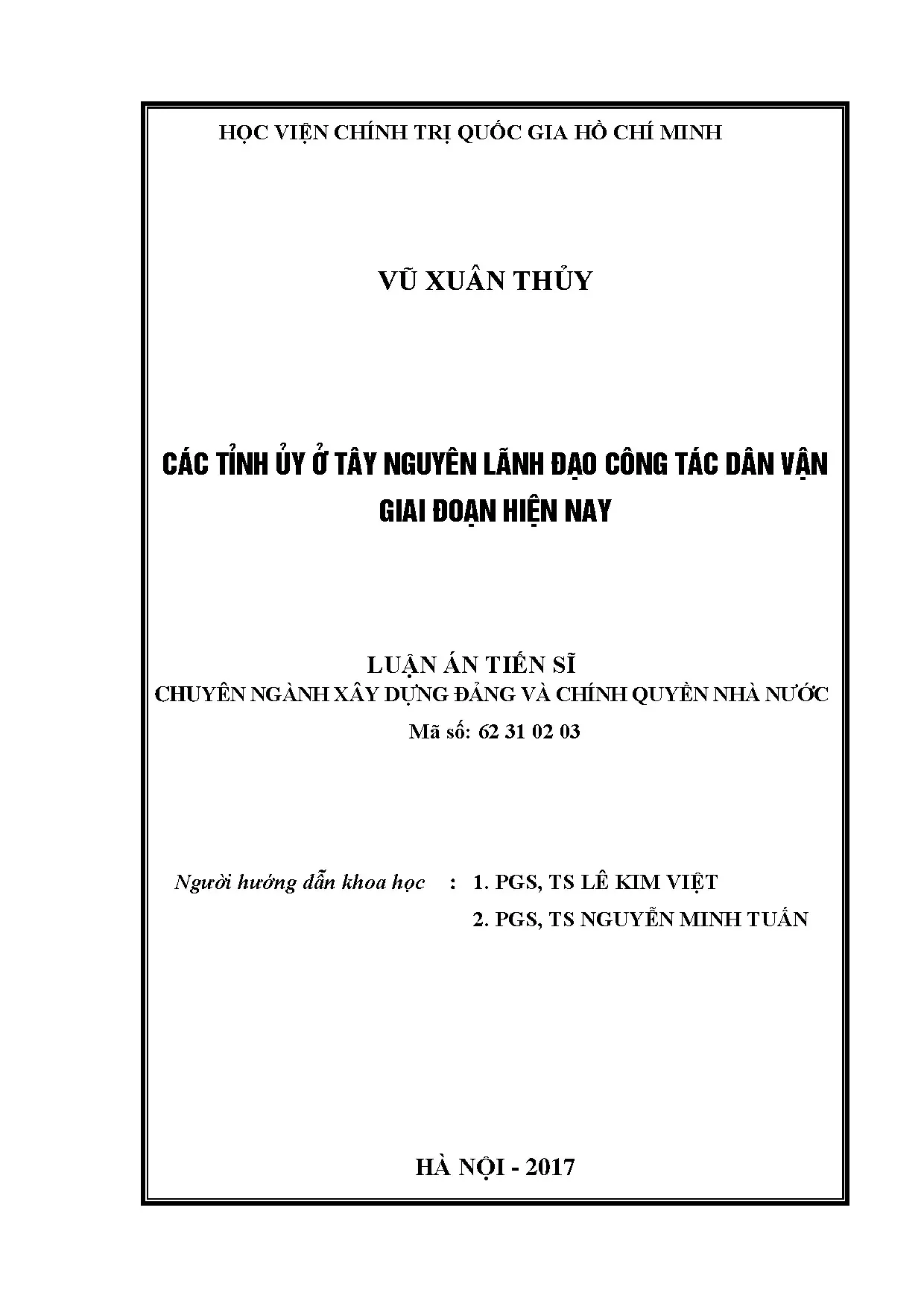 Luận án TS các tỉnh ủy Tây Nguyên lãnh đạo công tác dân vận