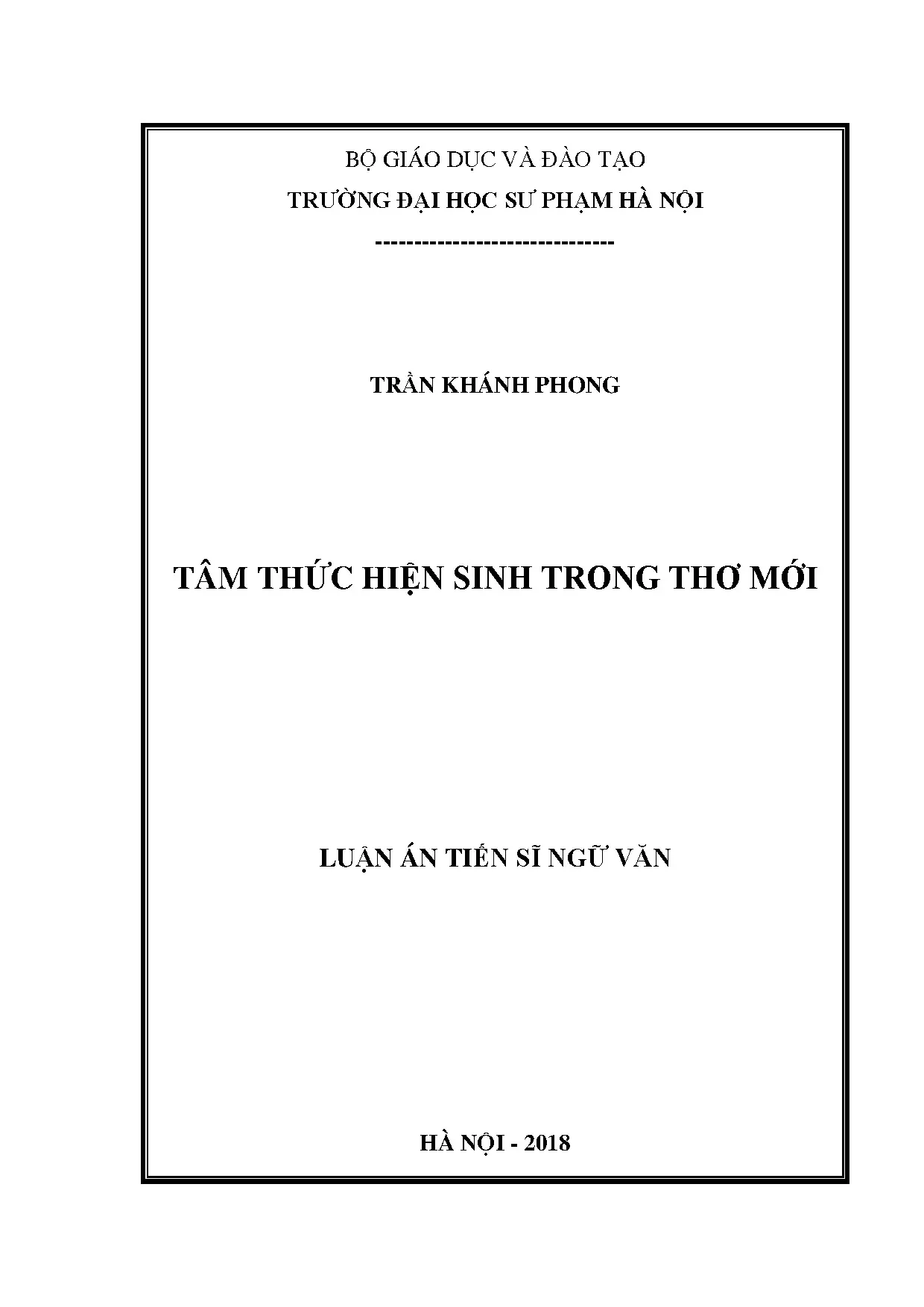 Nghiên cứu tâm thức hiện sinh trong thơ mới (Luận án tiến sĩ)