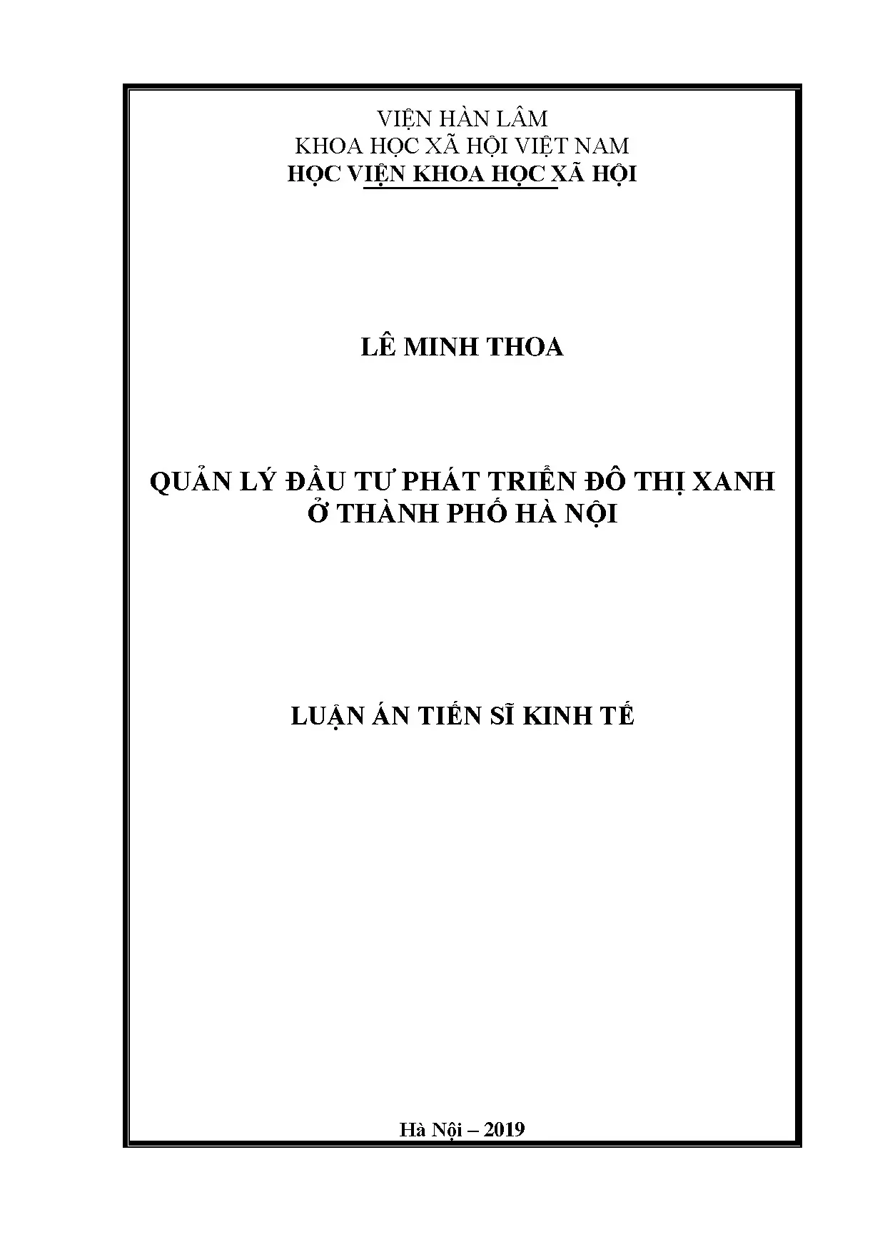Luận án tiến sĩ Quản lý đầu tư phát triển đô thị xanh ở Hà Nội