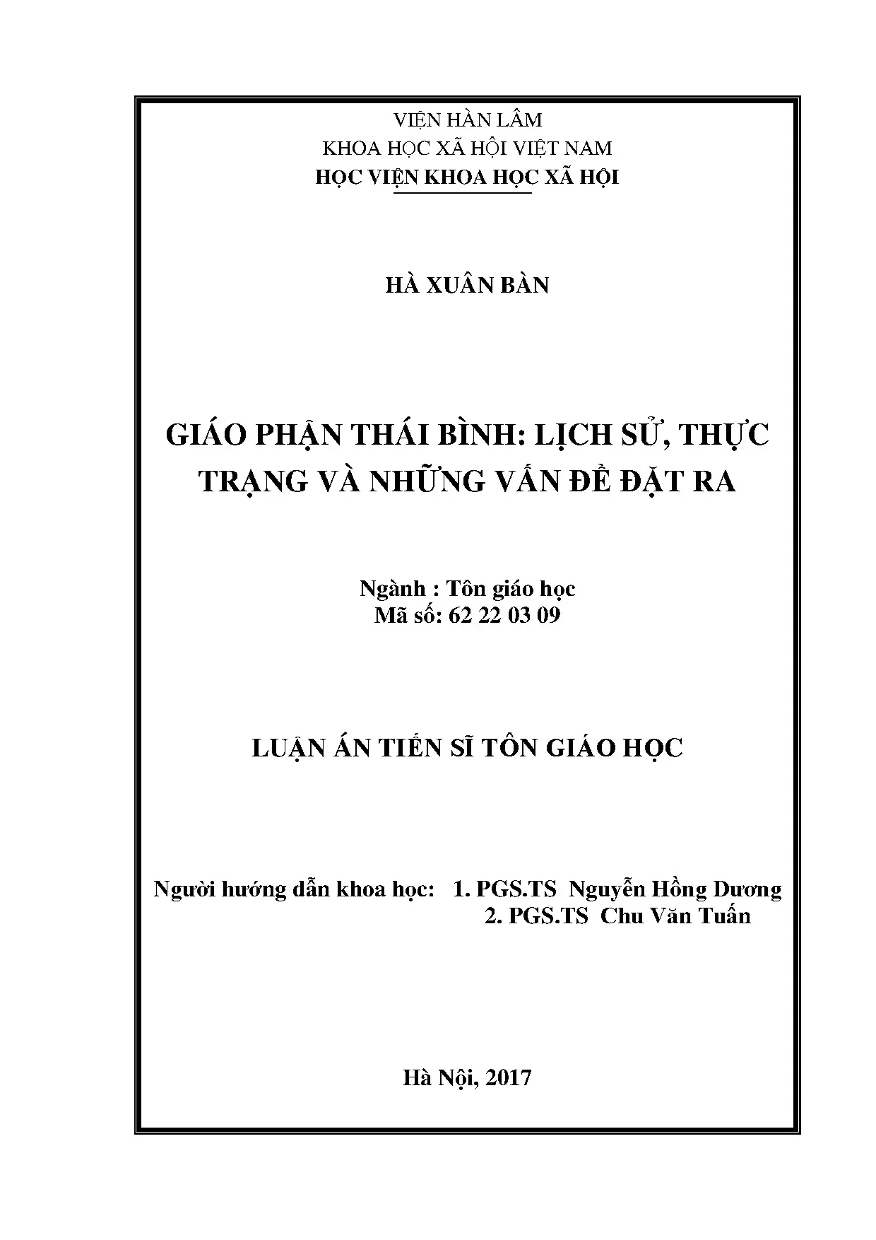Luận án Giáo phận Thái Bình: Lịch sử và thực trạng hiện nay