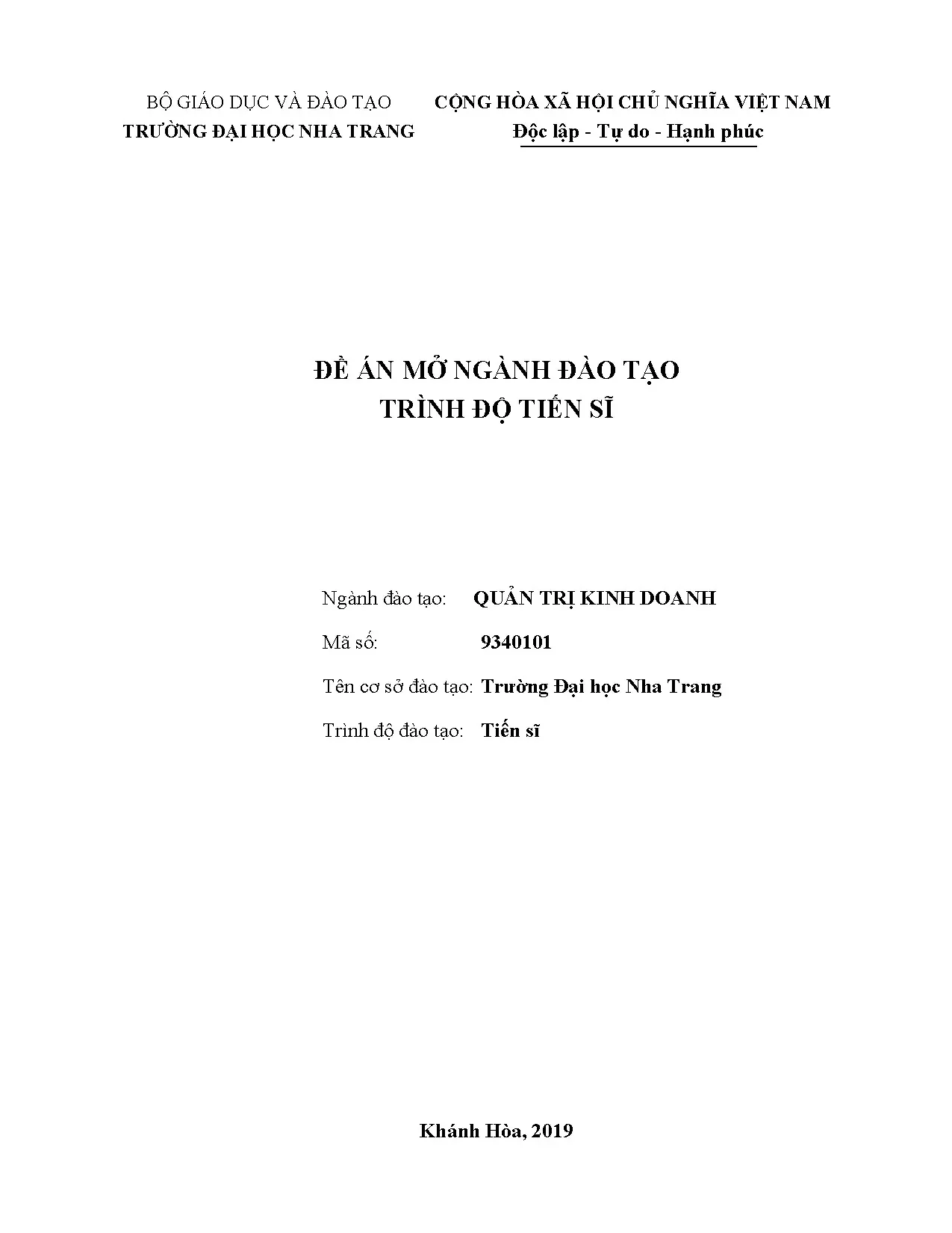 Đề án mở ngành đào tạo tiến sĩ quản trị kinh doanh