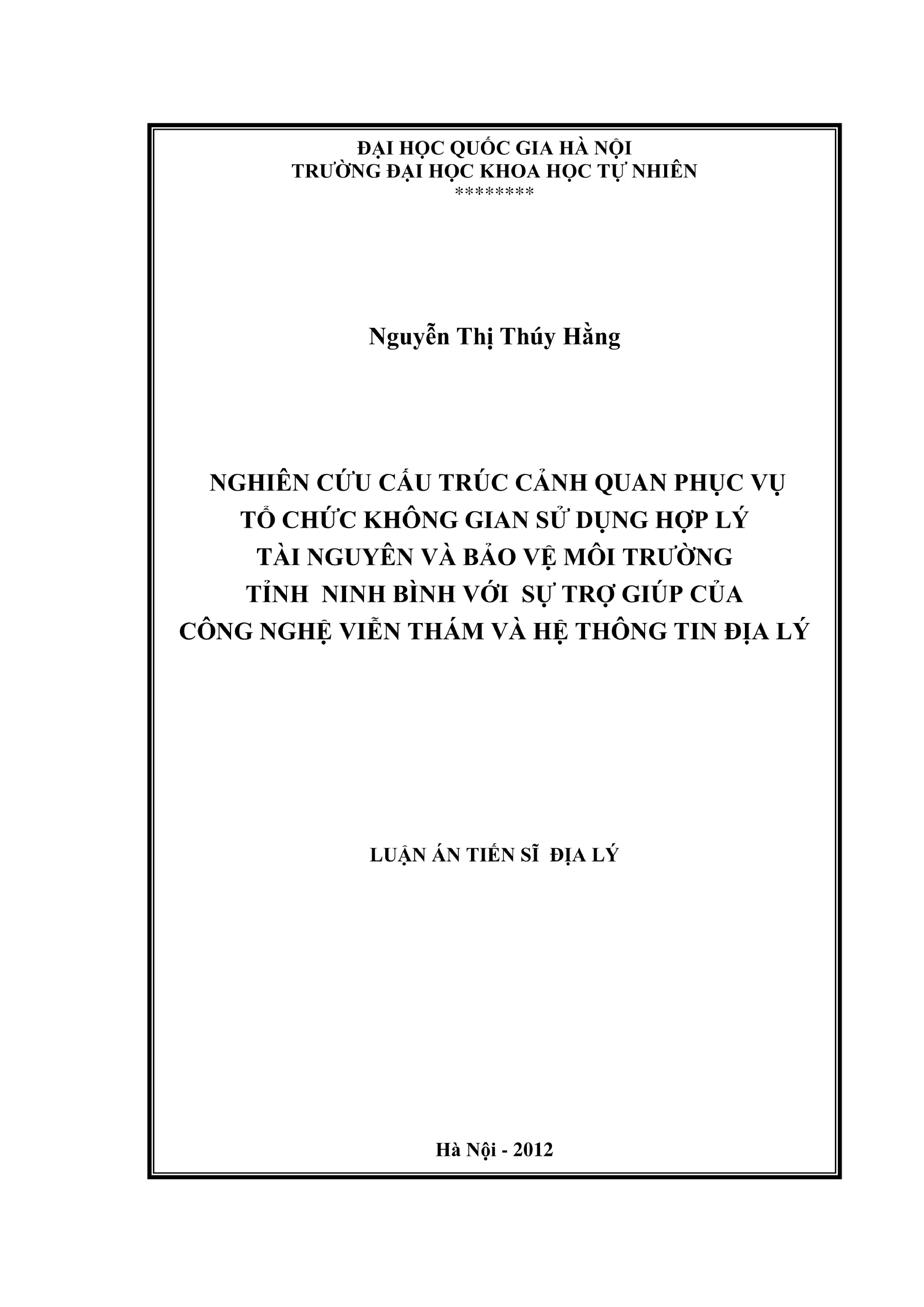 Nghiên cứu cấu trúc cảnh quan phục vụ tổ chức không gian sử dụng hợp lý tài nguyên và bảo vệ môi trường tỉnh Ninh Bình