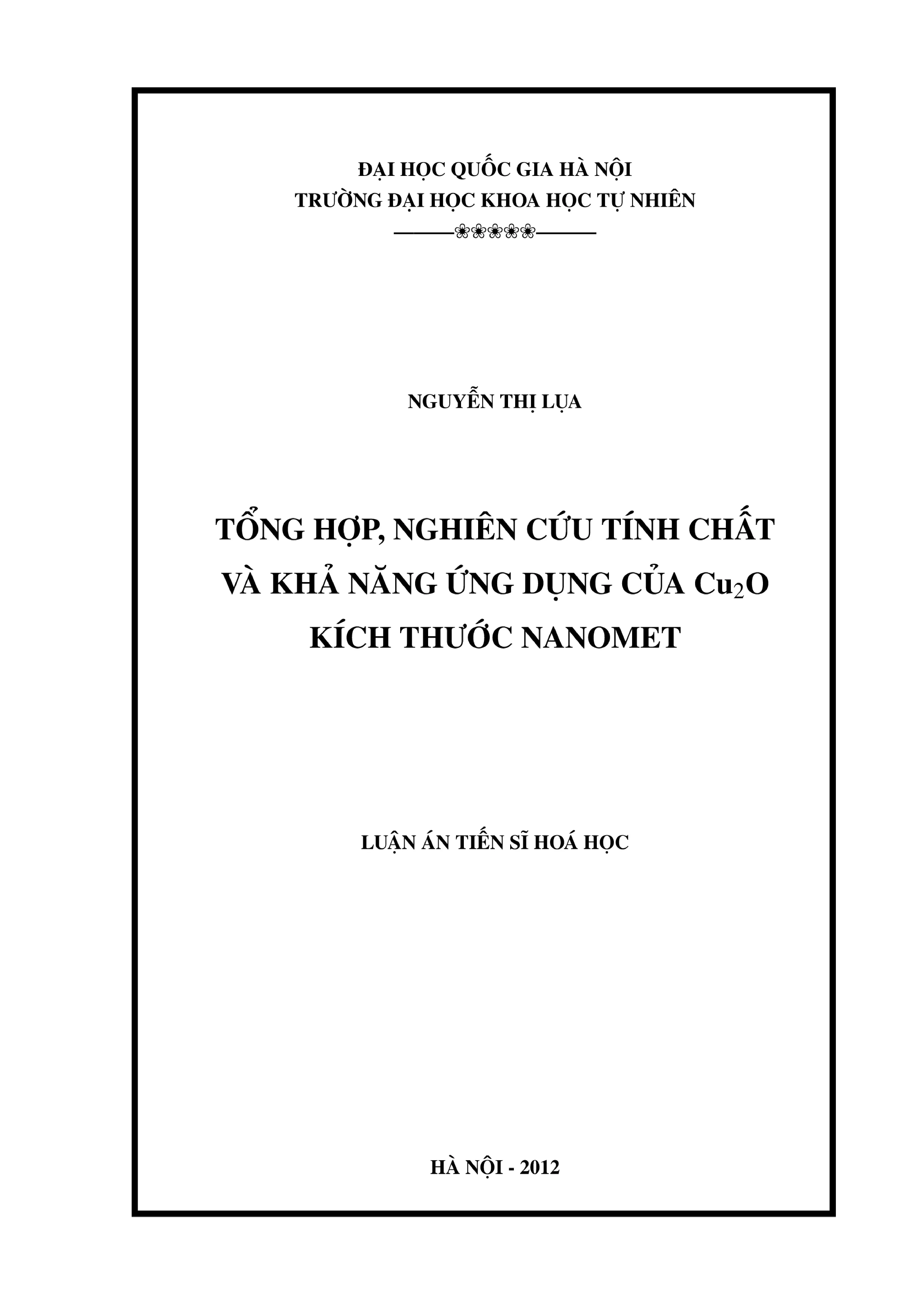 Tổng hợp Cu2O nano: Nghiên cứu tính chất và ứng dụng