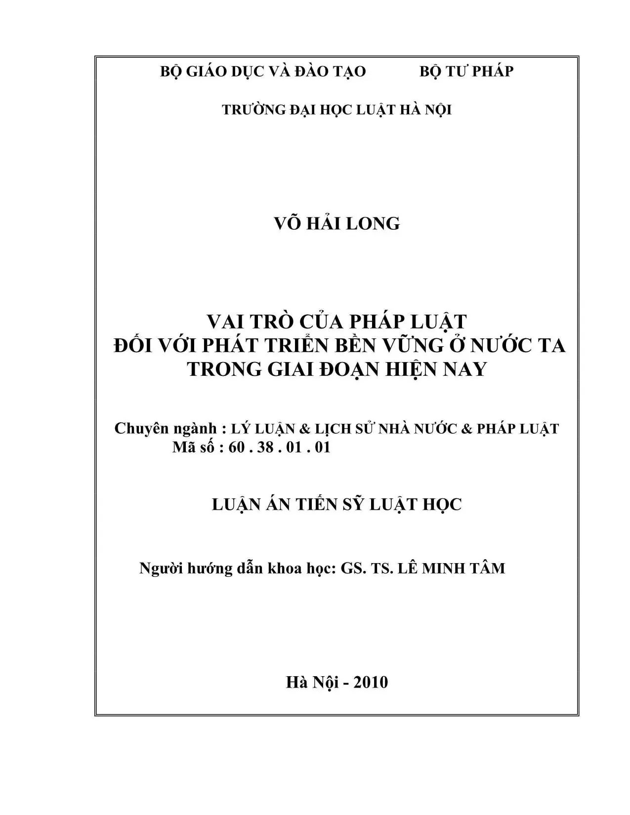 Luận án vai trò pháp luật trong phát triển bền vững Việt Nam