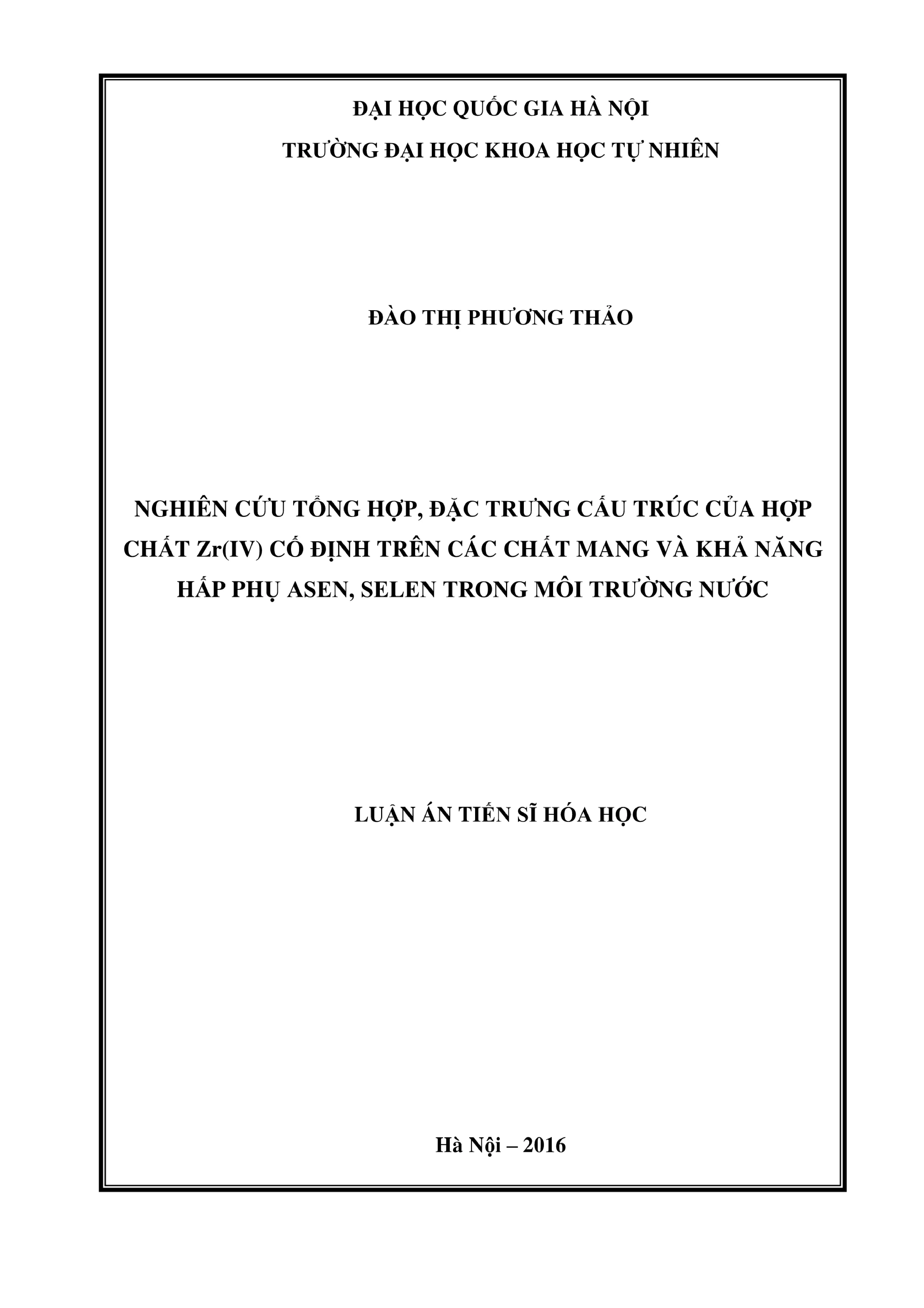 Nghiên cứu tổng hợp hợp chất Zr cố định hấp phụ asen, selen