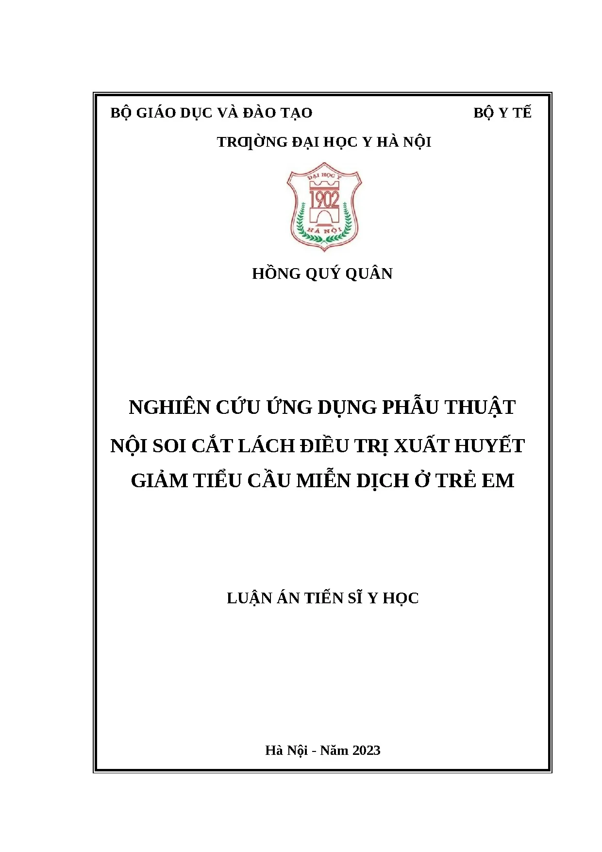 Nghiên cứu phẫu thuật nội soi cắt lách điều trị XHGTCMD trẻ em