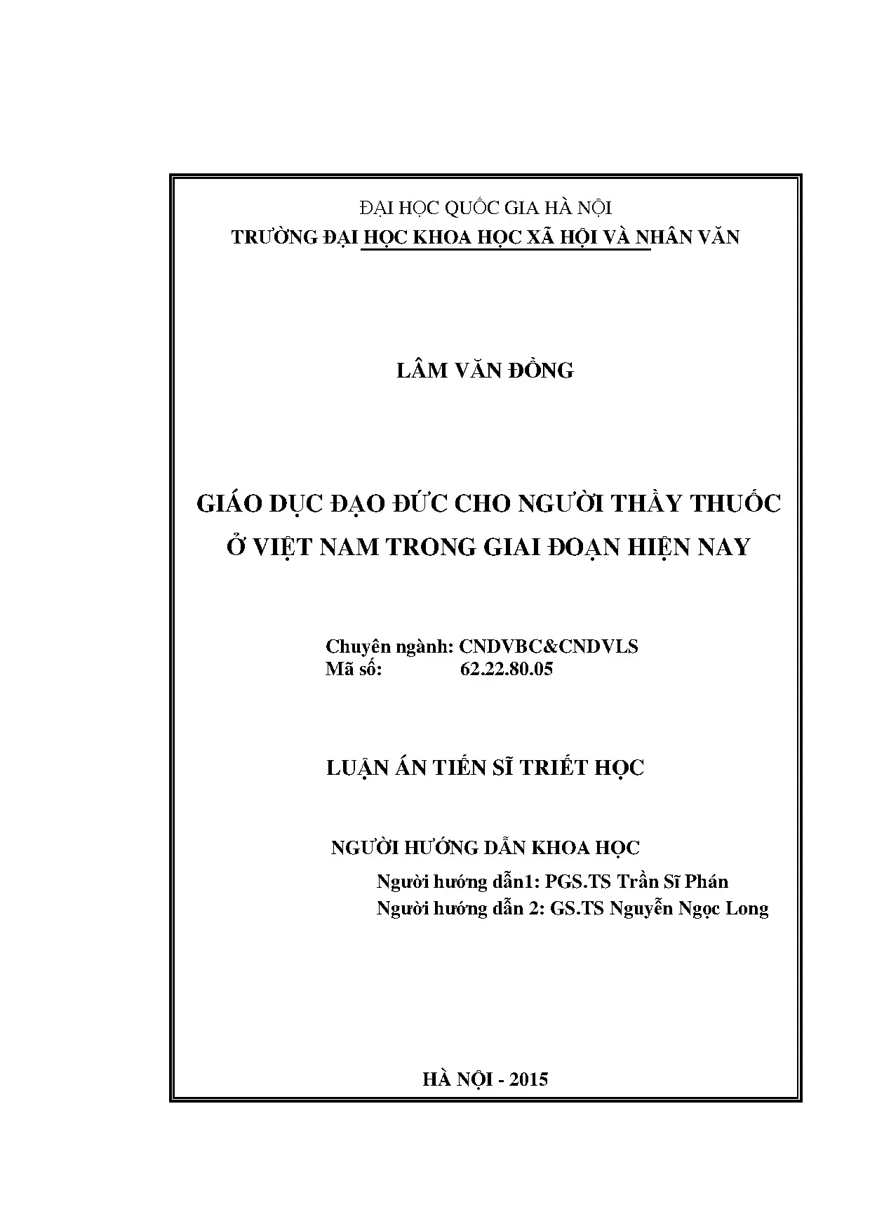Luận án tiến sĩ giáo dục đạo đức cho người thầy thuốc ở việt