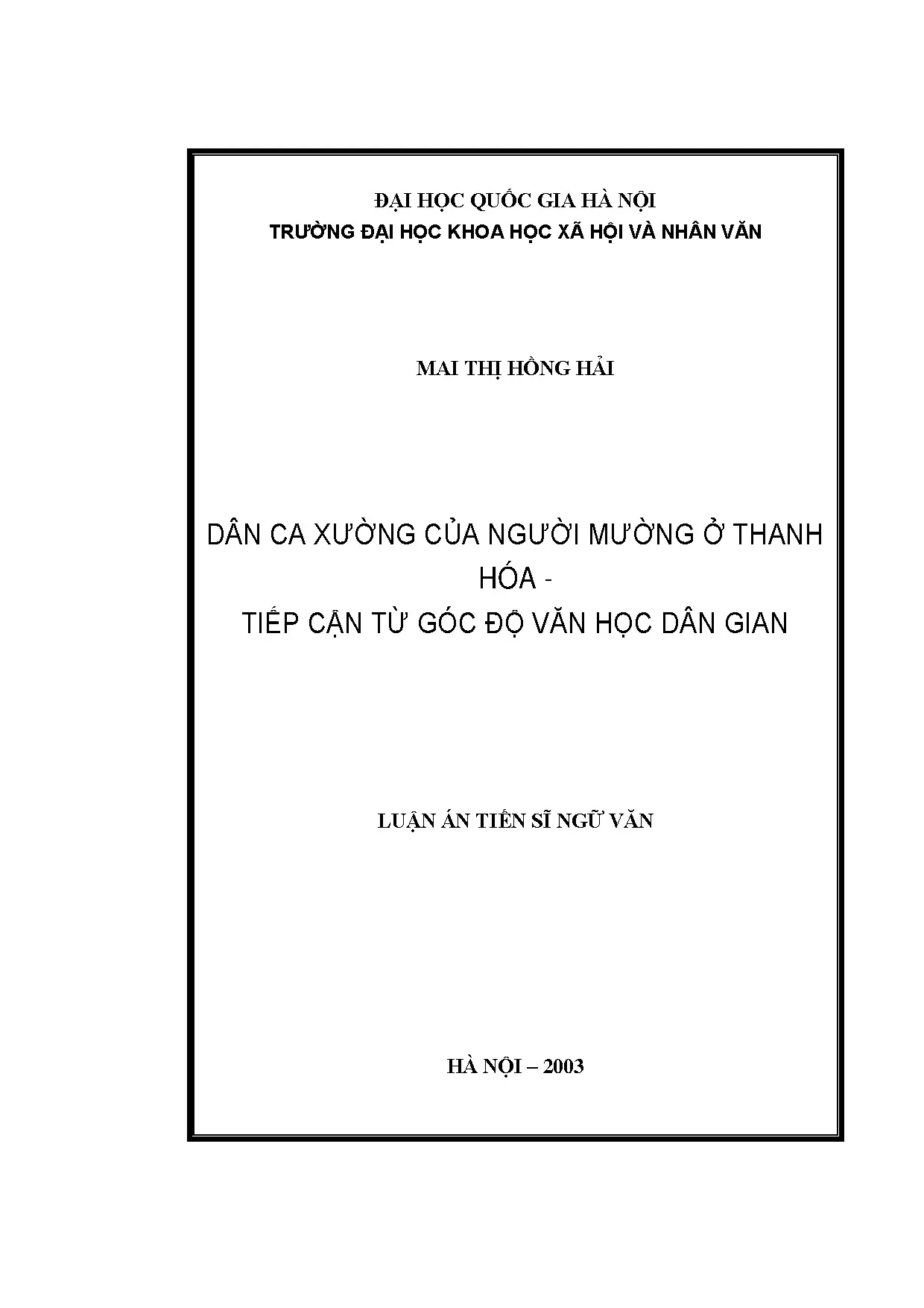 Luận án tiến sĩ dân ca xường của người mường ở thanh hoá tiế