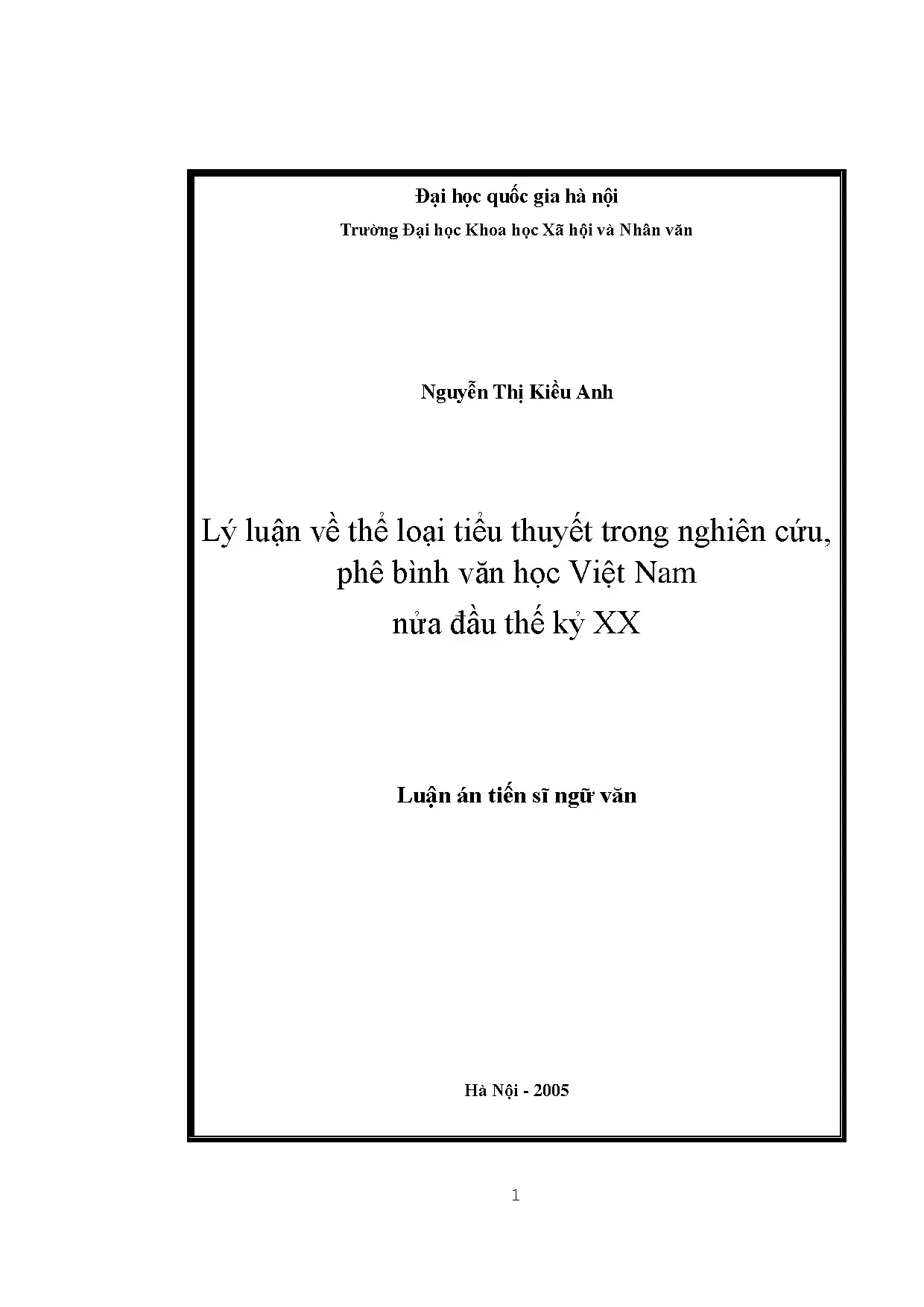 Luận án tiến sĩ lý luận về thể loại tiểu thuyết trong nghiên