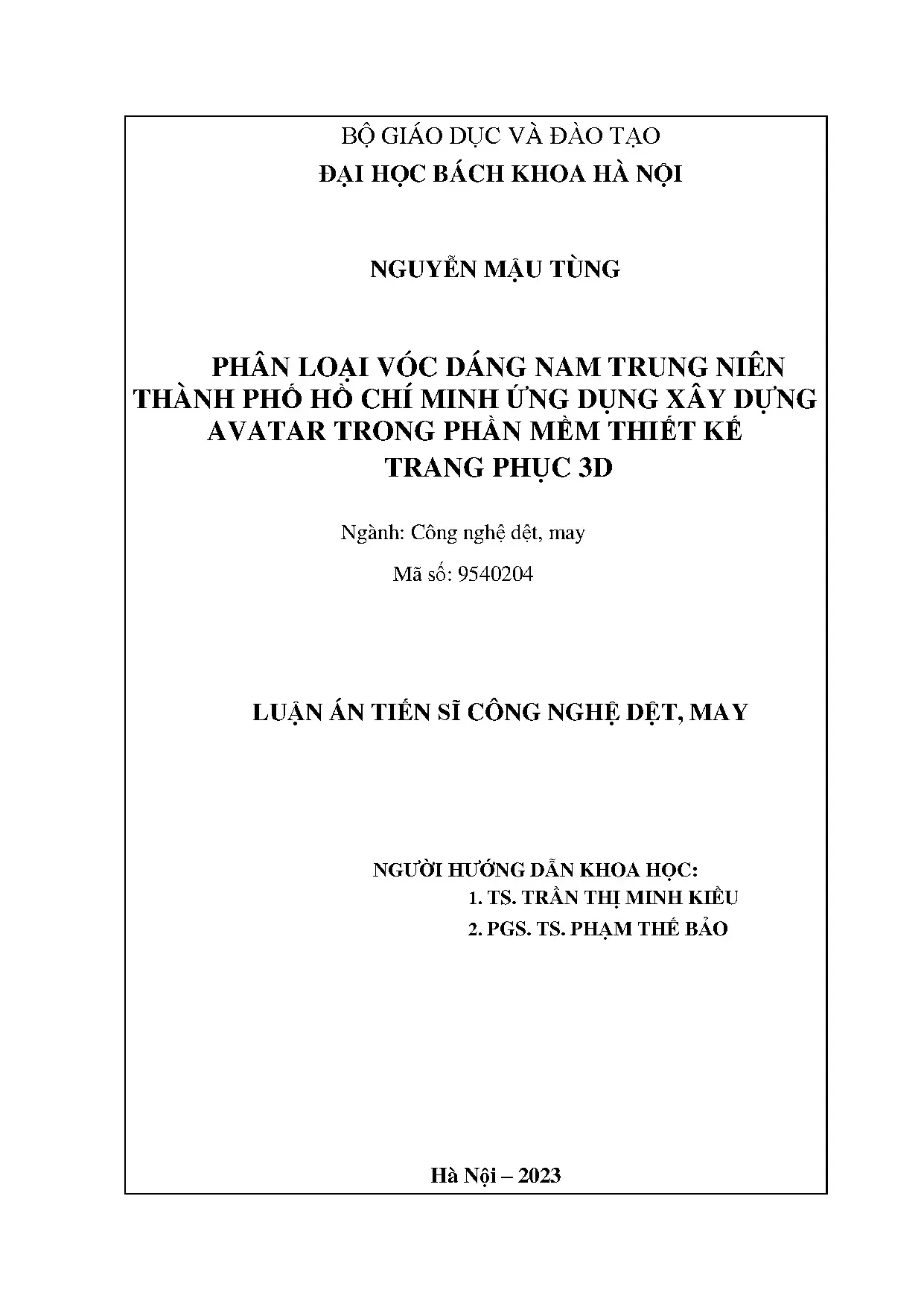 Luận án tiến sĩ phân loại vóc dáng nam trung niên thành phố hồ chí minh ứng dụng xây dựng avatar trong phần mềm thiết kế trang phục 3d