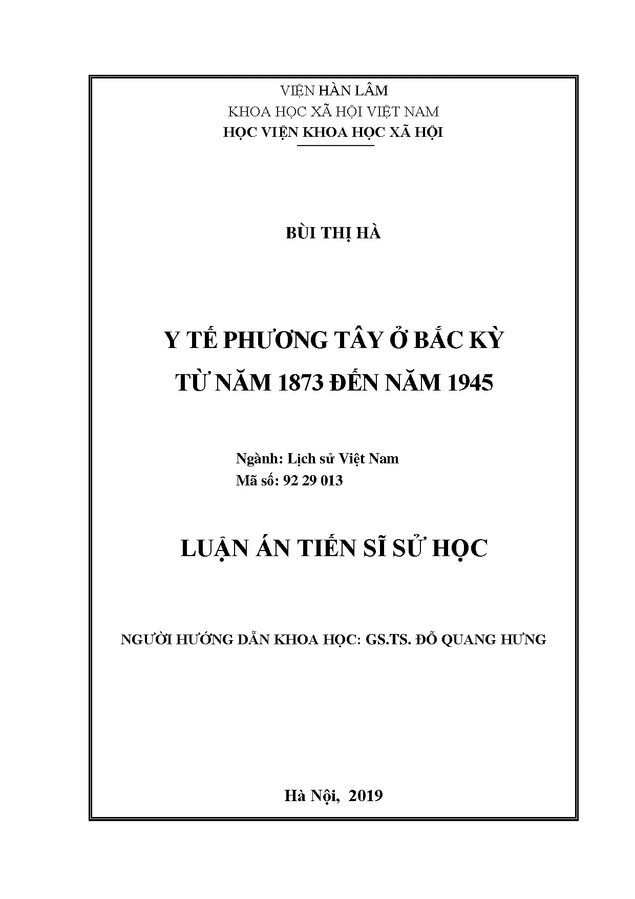 Luận án tiến sĩ sử học: Y tế phương Tây ở Bắc Kỳ (1873-1945)