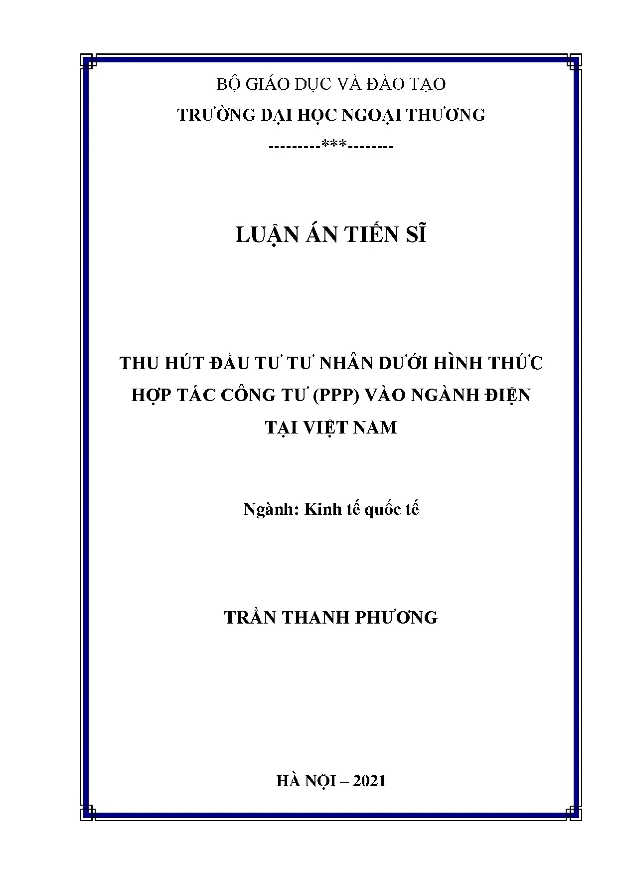 PPP thu hút đầu tư điện Việt Nam: Luận án Kinh tế Quốc tế