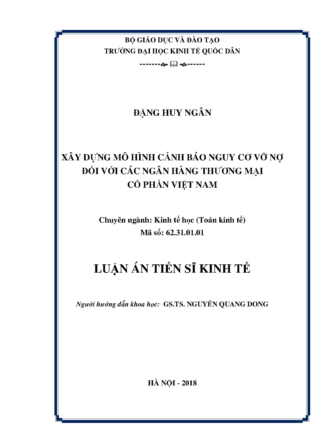 Mô hình cảnh báo nguy cơ vỡ nợ ngân hàng thương mại Việt Nam