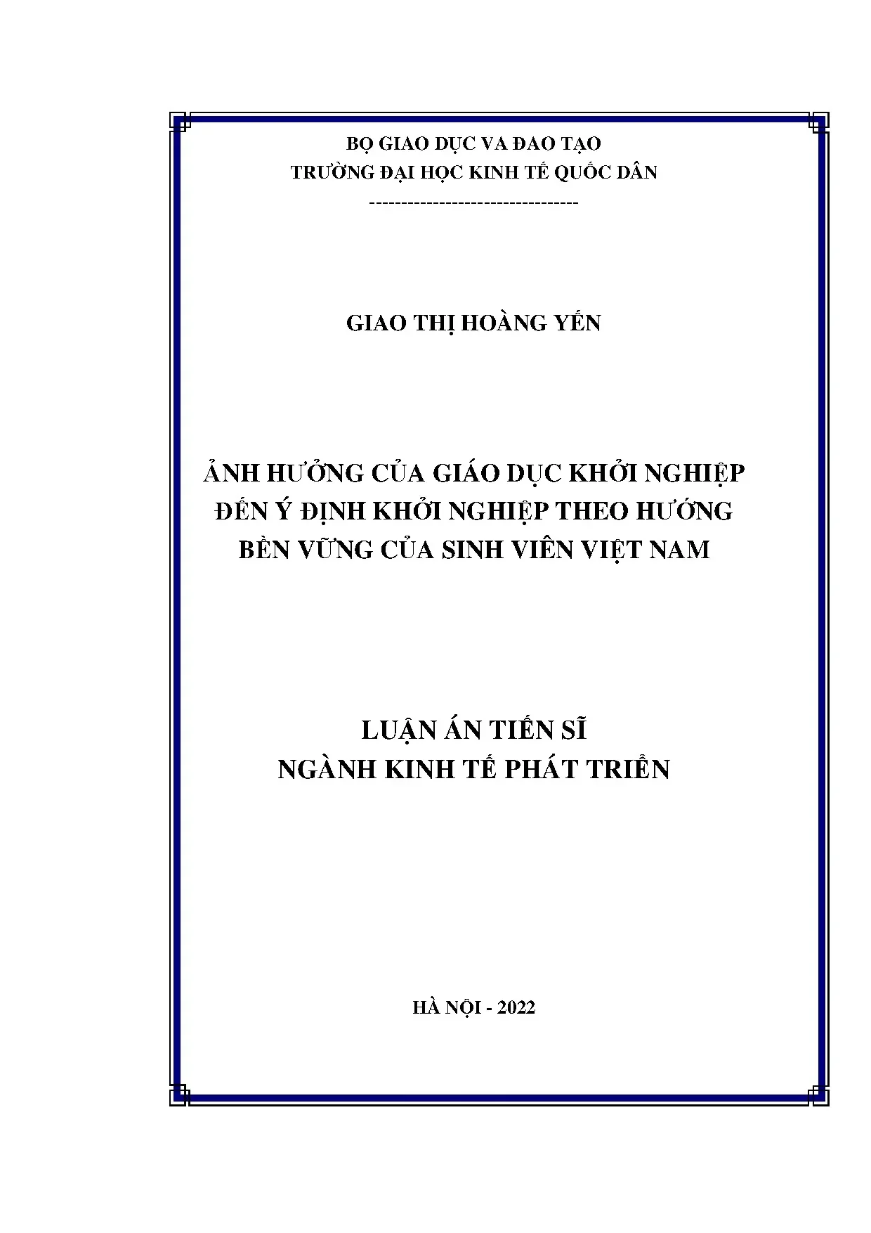 Luận án tiến sĩ ảnh hưởng của giáo dục khởi nghiệp đến ý địn