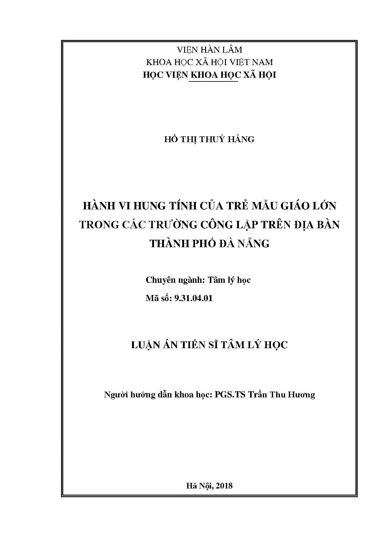 Hành vi hung tính của trẻ mẫu giáo lớn tại Đà Nẵng