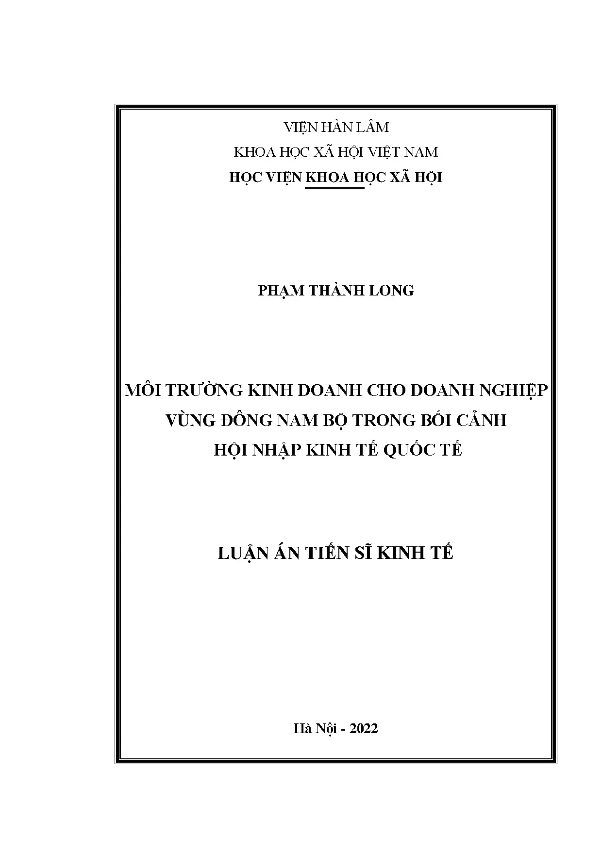 Luận án tiến sĩ môi trường kinh doanh cho doanh nghiệp vùng