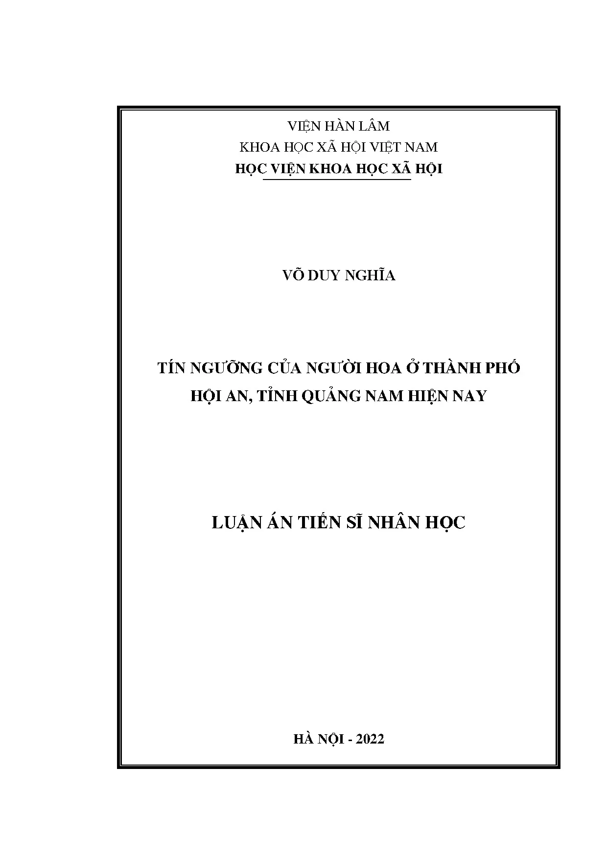 Luận án tiến sĩ tín ngưỡng của người hoa ở thành phố hội an