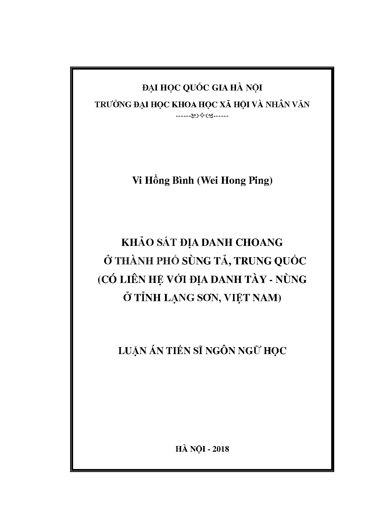 Luận án tiến sĩ khảo sát địa danh choang ở thành phố sùng tả