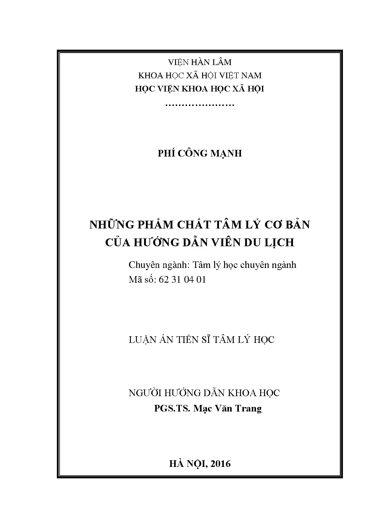 Luận án tiến sĩ phẩm chất tâm lý cơ bản hướng dẫn viên du lịch