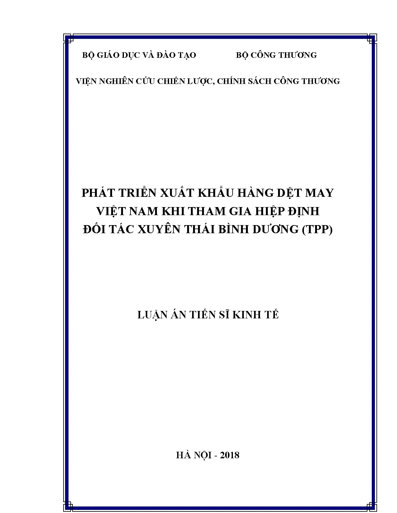 Xuất khẩu dệt may Việt Nam với CPTPP: Luận án Tiến sĩ