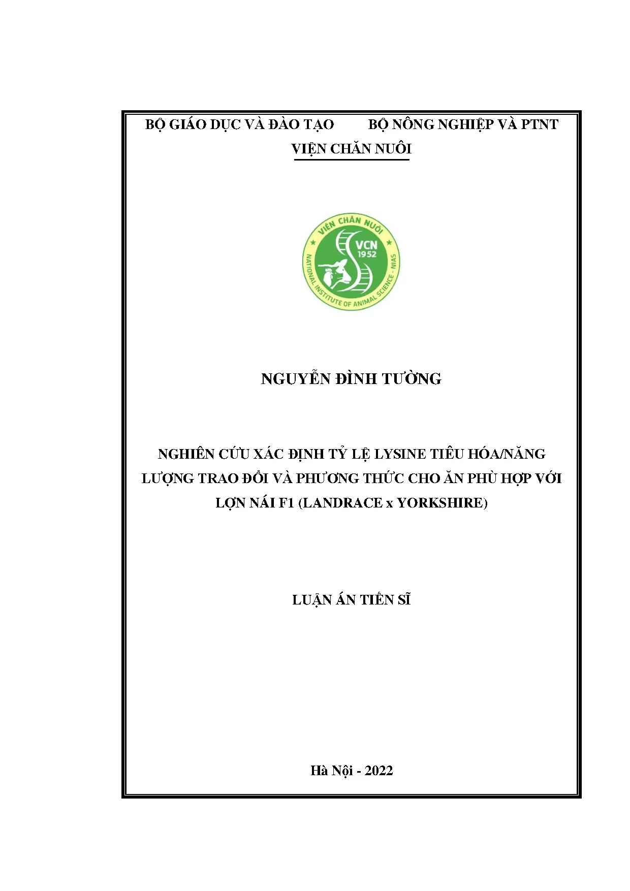 Luận án tiến sĩ nghiên cứu xác định tỷ lệ lysine tiêu hóa nă