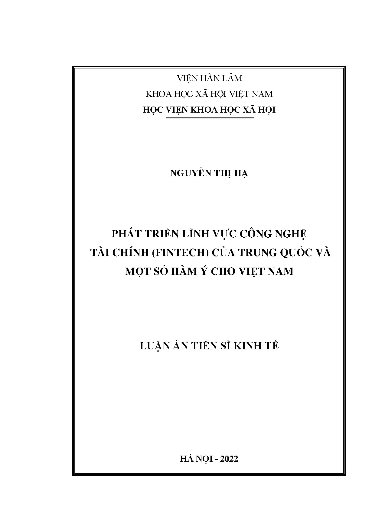 Luận án tiến sĩ phát triển lĩnh vực công nghệ tài chính fint