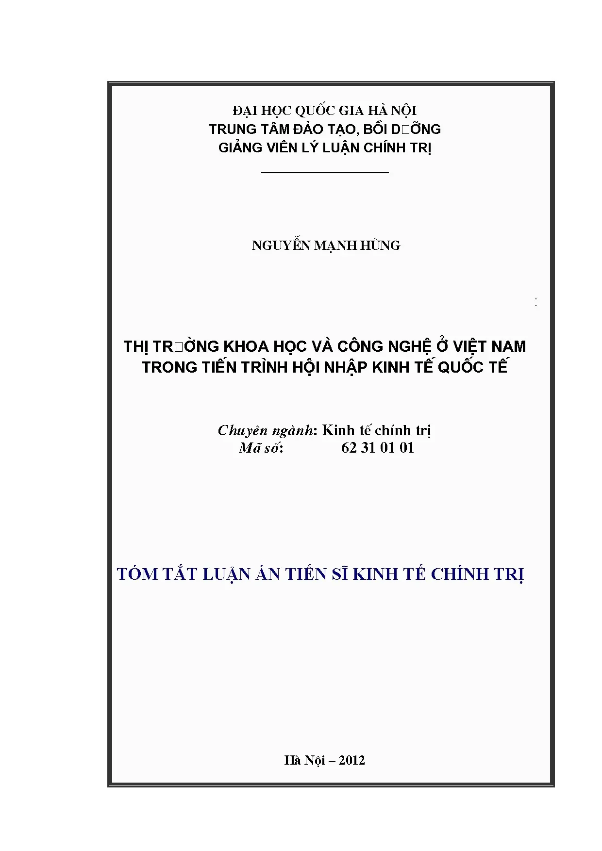 Luận án tiến sĩ thị trường khoa học và công nghệ ở việt nam