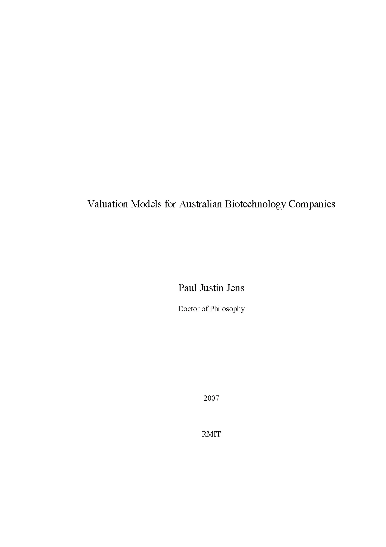 Doctoral thesis of philosophy valuation models for australia