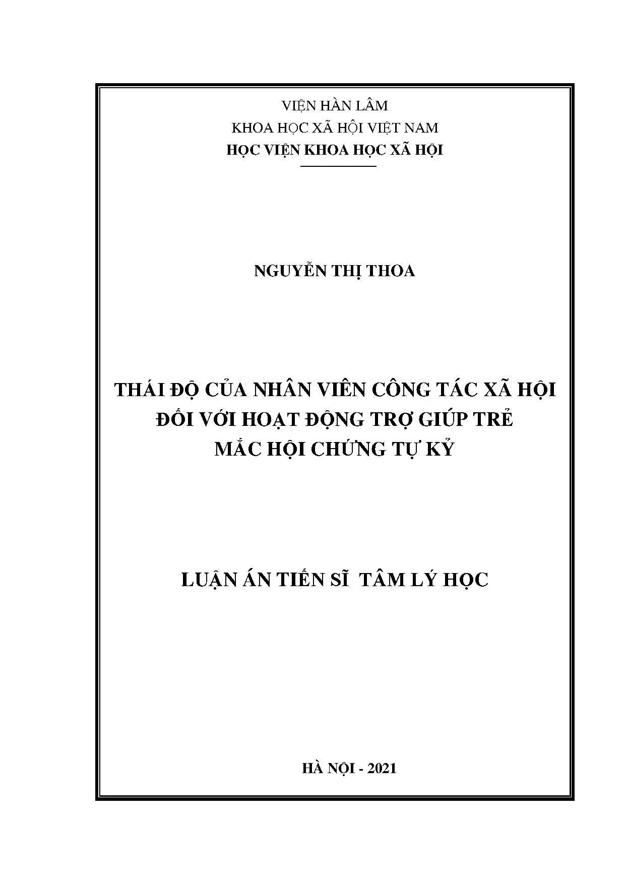 Thái độ NV CTXH với trẻ tự kỷ: Luận án Tiến sĩ