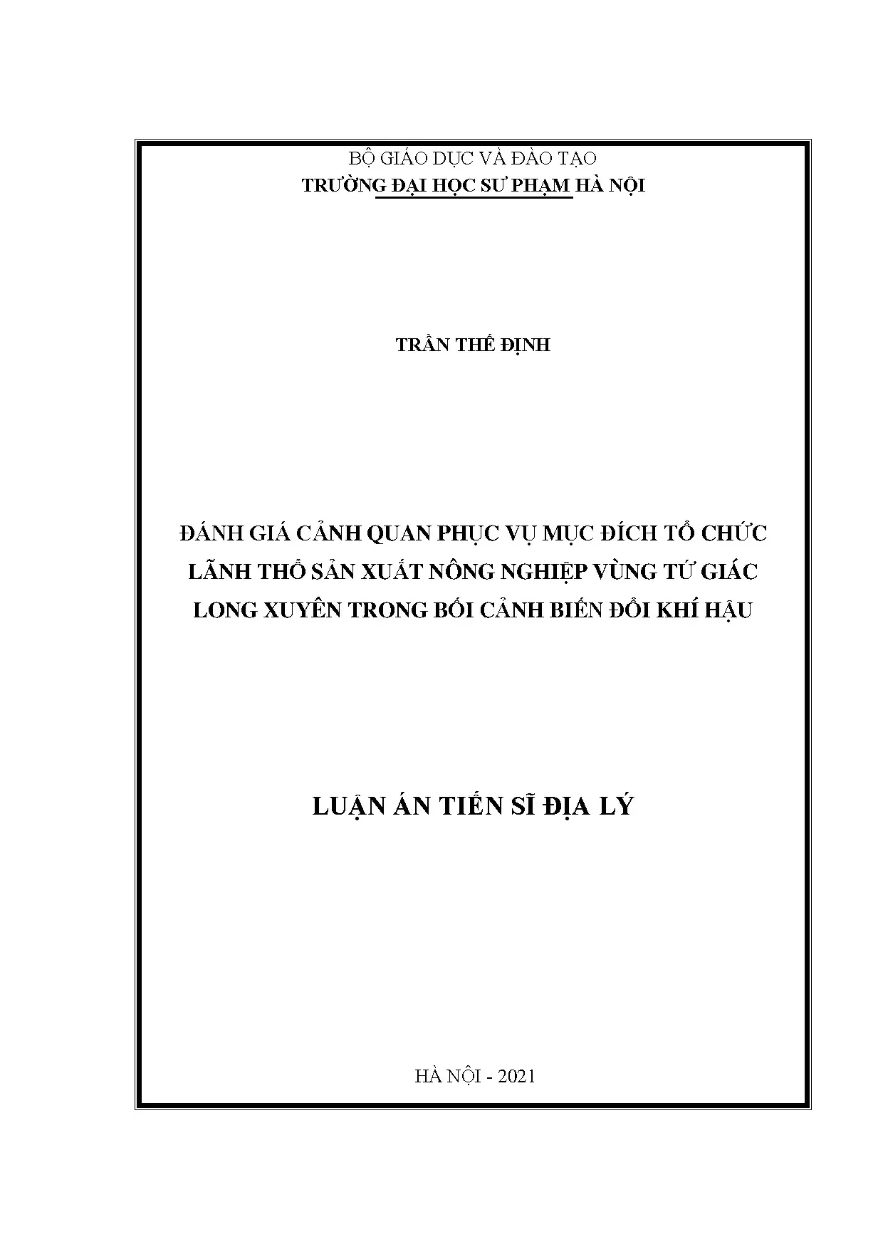 Đánh giá cảnh quan tổ chức lãnh thổ nông nghiệp vùng Tứ giác Long Xuyên