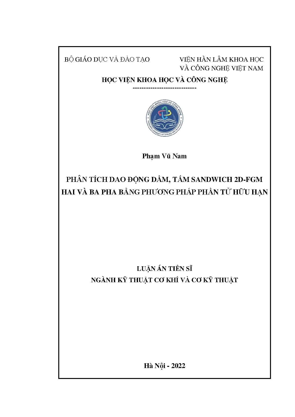 Luận án tiến sĩ phân tích dao động dầm tấm sandwich 2d fgm h