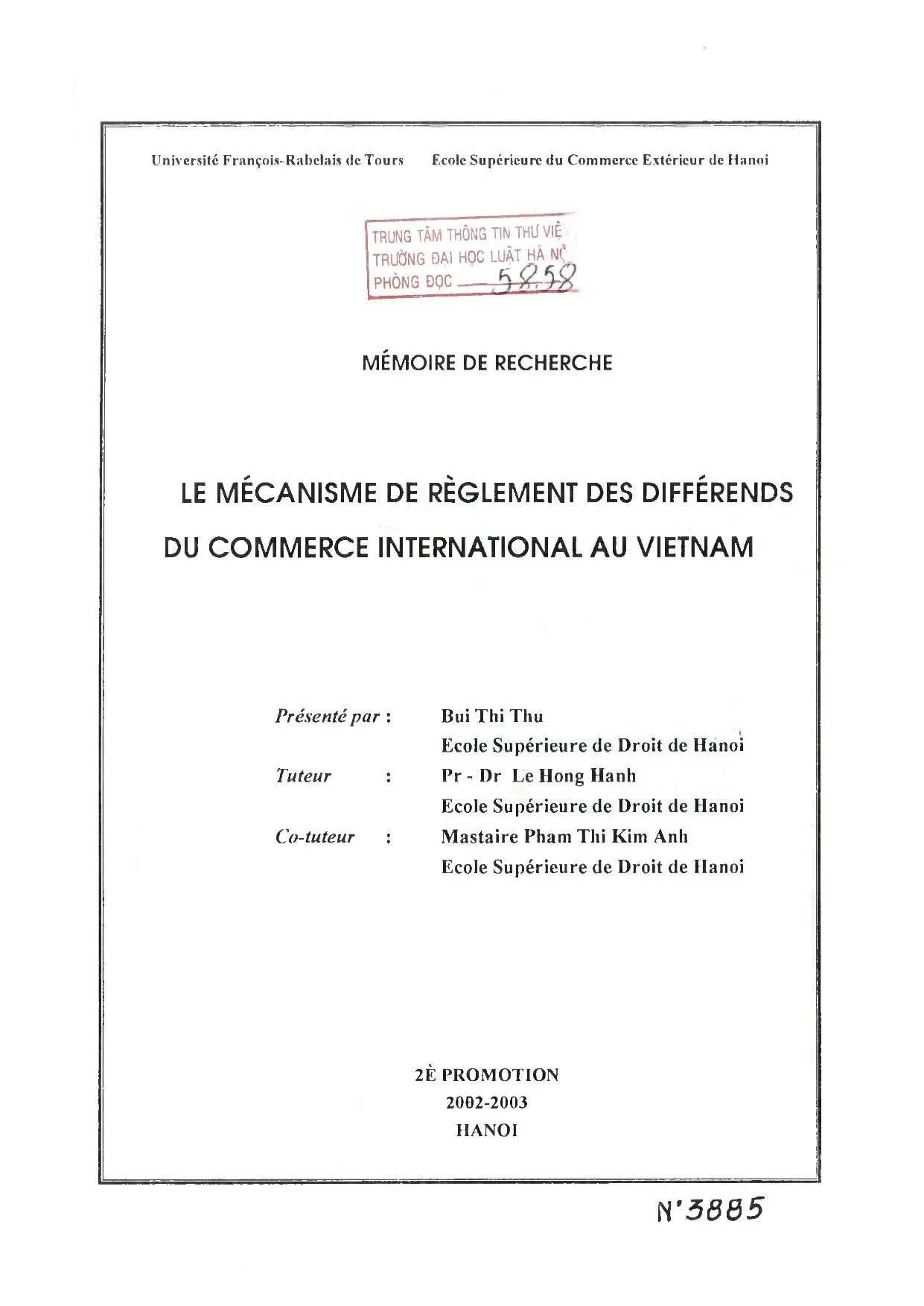 Nghiên cứu le mécanisme de règlement des différends du commerce international au Vietnam