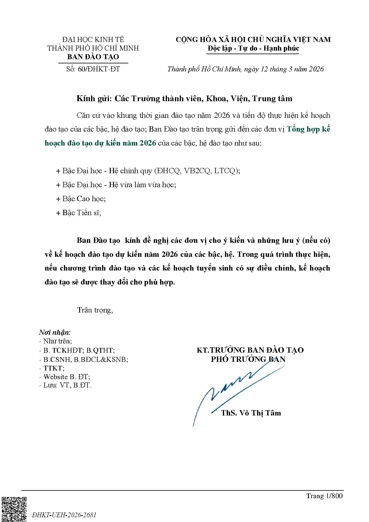 Kế hoạch đào tạo UEH - Đại học Kinh tế TP.HCM