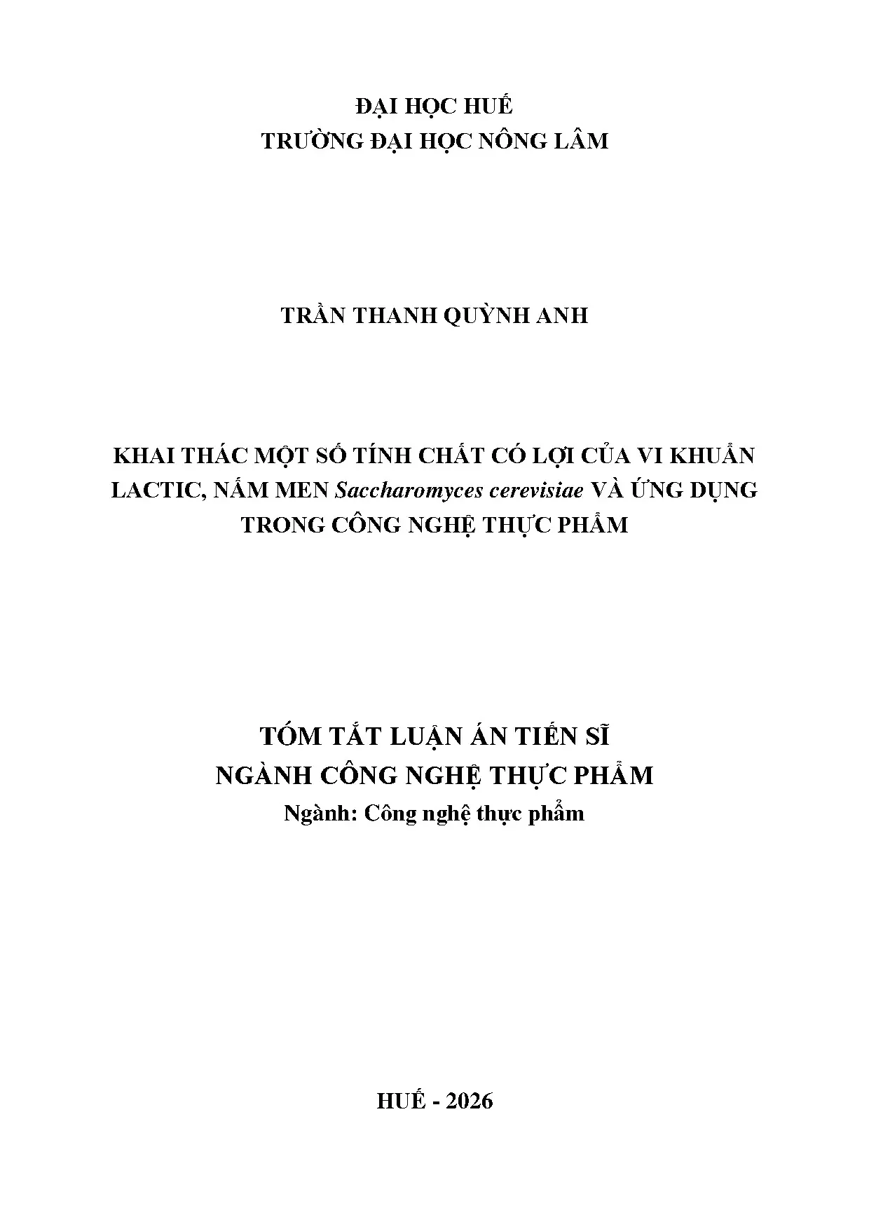 Luận án Công nghệ Thực phẩm: Vi khuẩn Lactic & Nấm Men