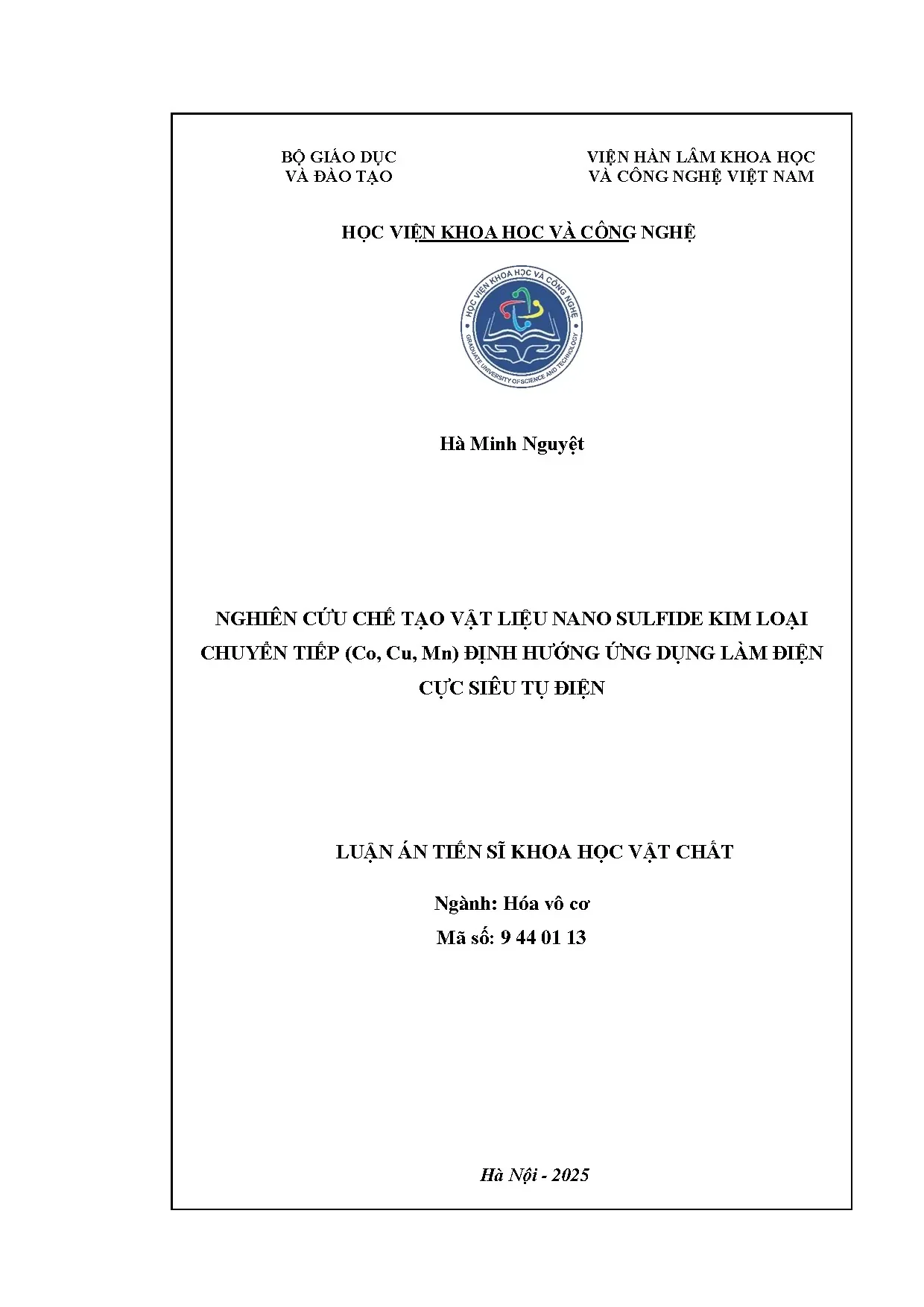 Nghiên cứu chế tạo vật liệu nano sulfide kim loại chuyển tiếp