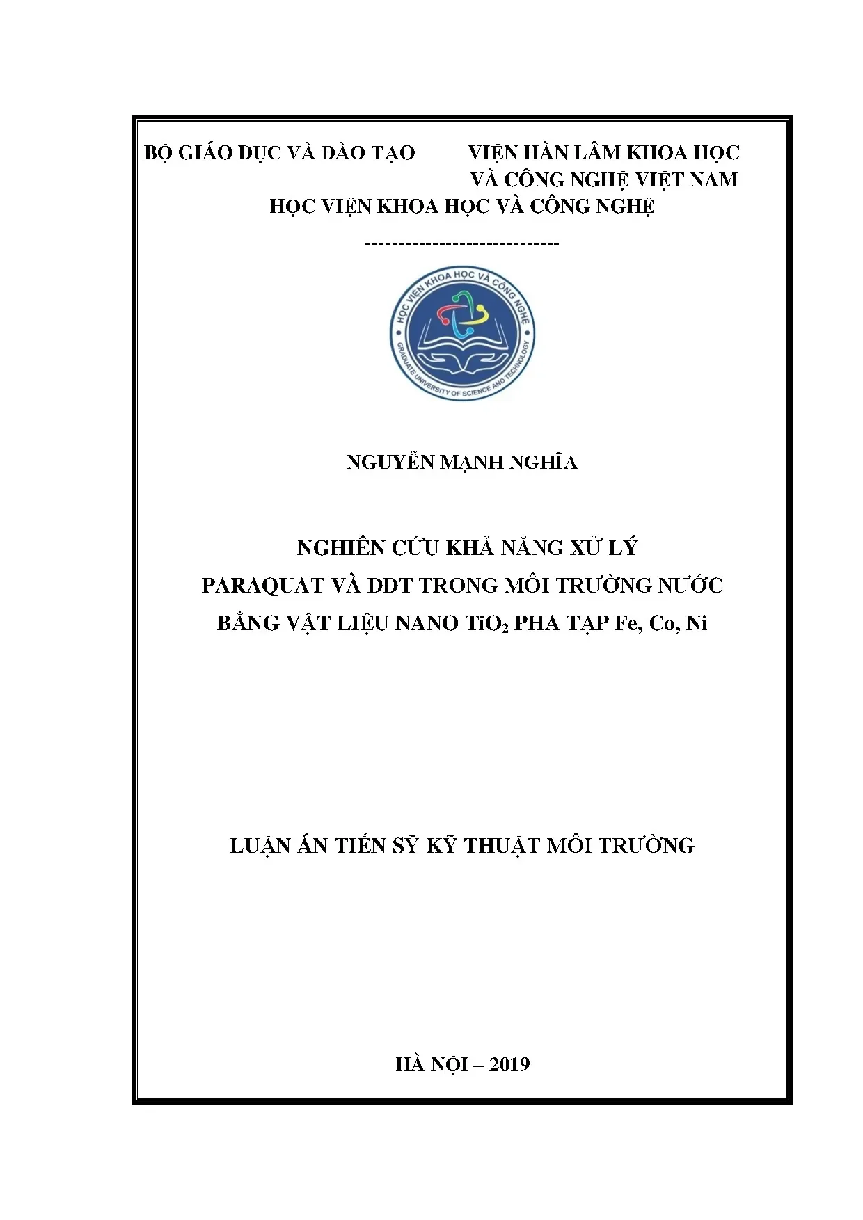 Nghiên cứu xử lý paraquat và DDT bằng vật liệu nano TiO2 pha tạp