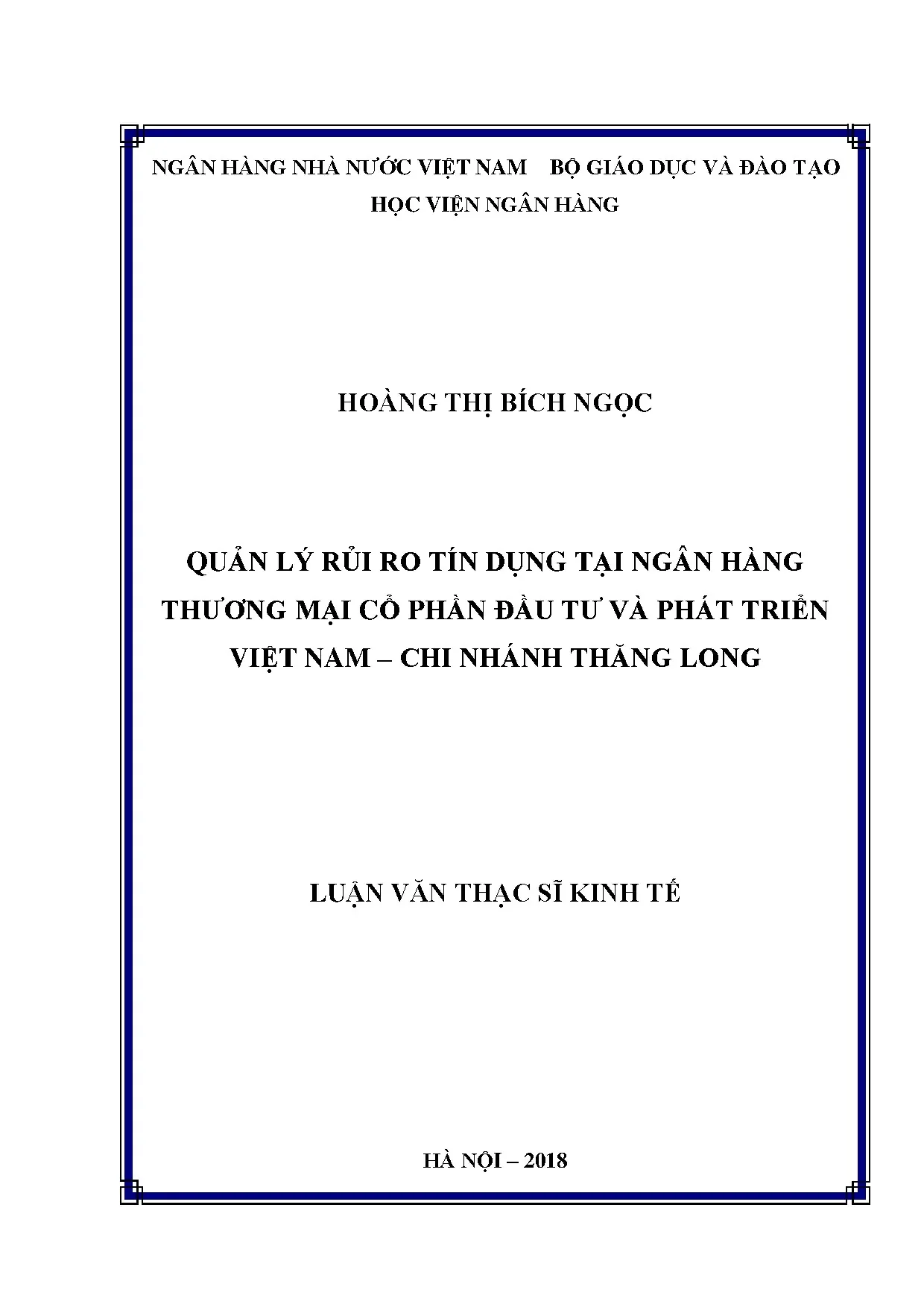 Quản lý rủi ro tín dụng tại BIDV Chi nhánh Thăng Long