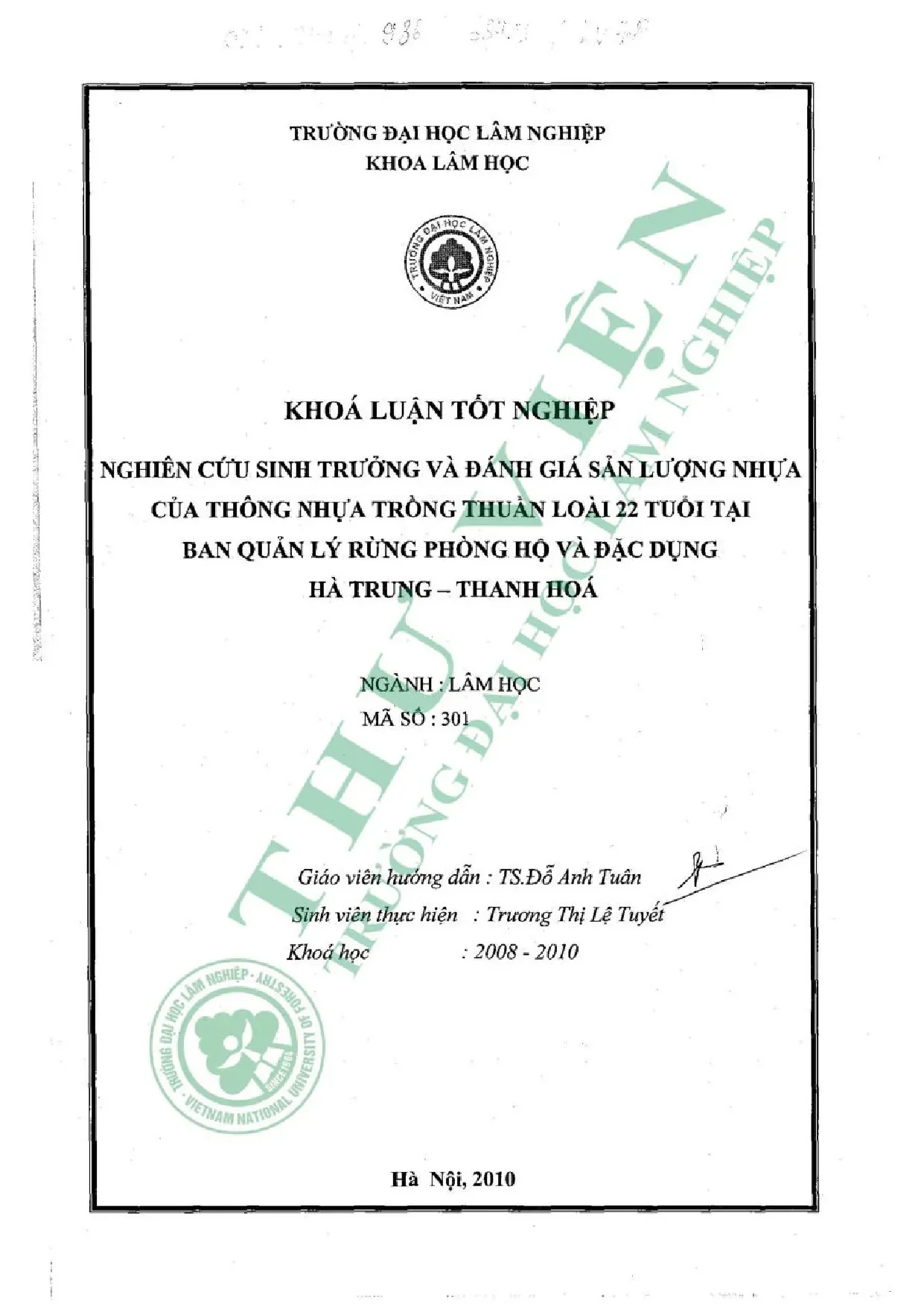 Nghiên cứu sinh trưởng và đánh giá sản lượng nhựa của thông
