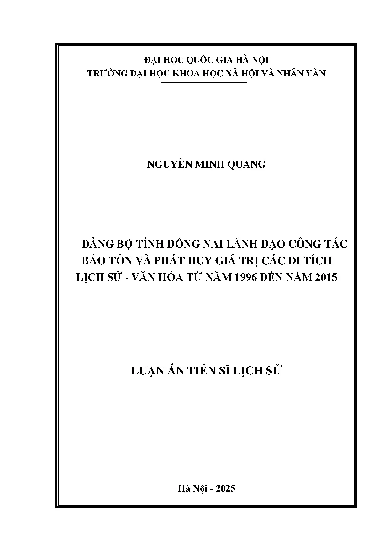 Luận án TS Lịch sử: Đảng bộ Đồng Nai & di tích lịch sử 1996-2015