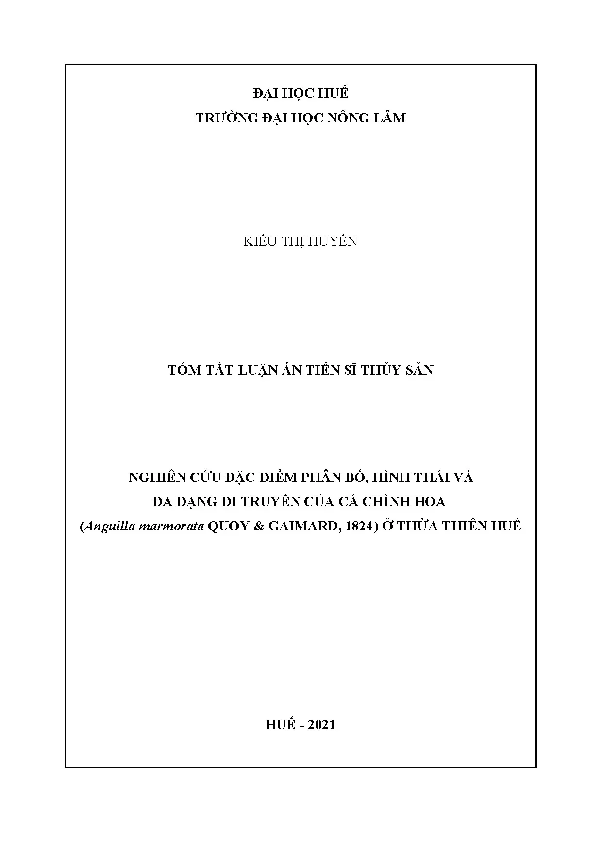Nghiên cứu phân bố và di truyền cá chình hoa Thừa Thiên Huế