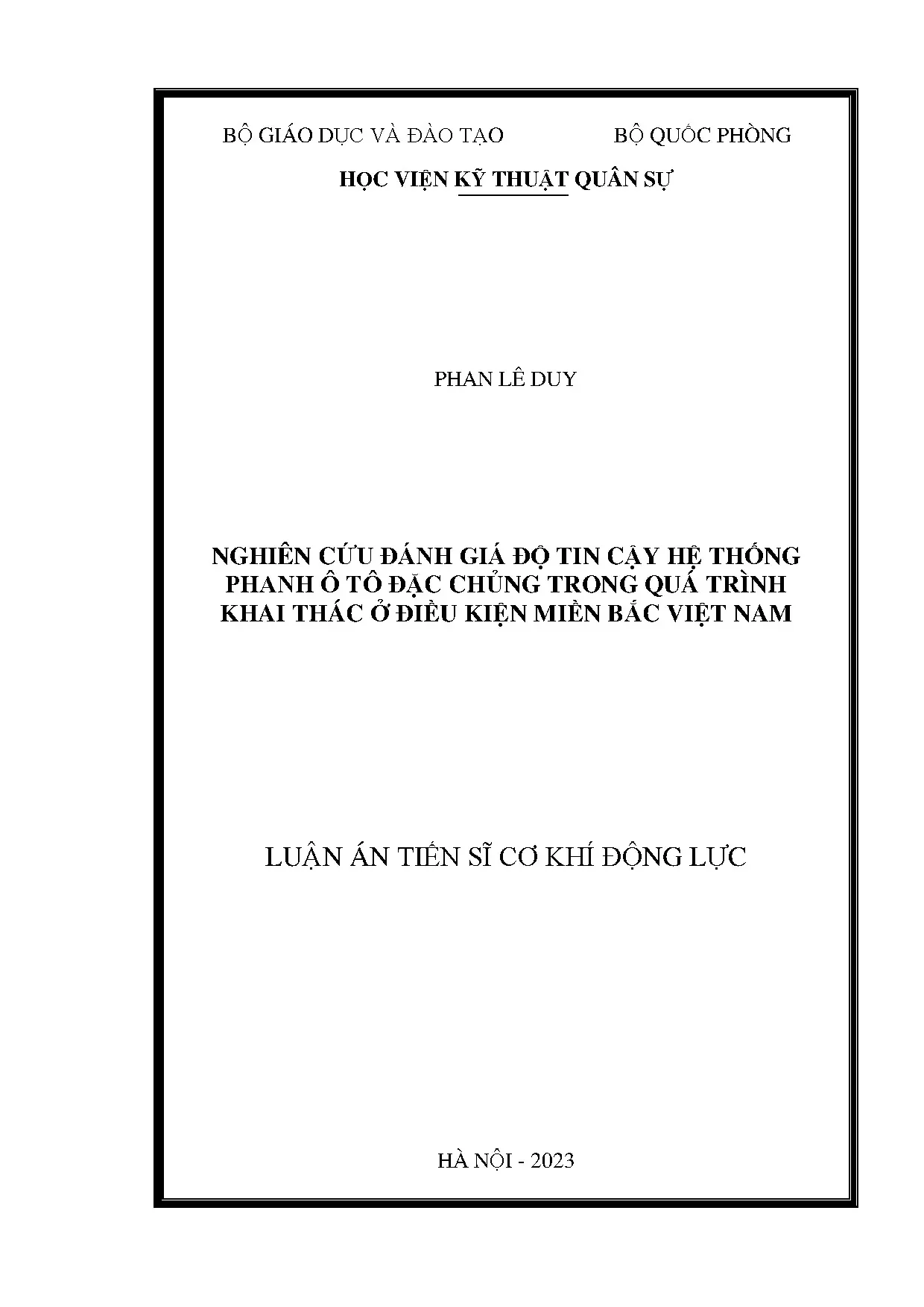 Đánh giá độ tin cậy hệ thống phanh ô tô đặc chủng ở miền Bắc Việt Nam