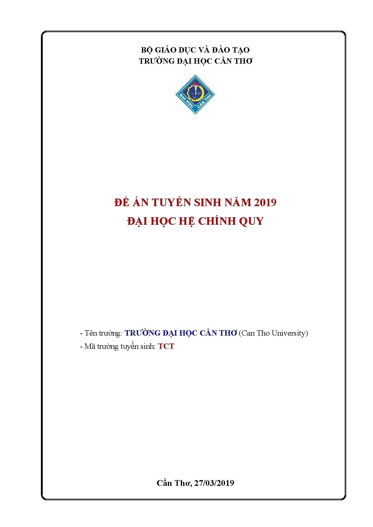 Đề án tuyển sinh đại học hệ chính quy năm 2019 Trường Đại học Cần Thơ
