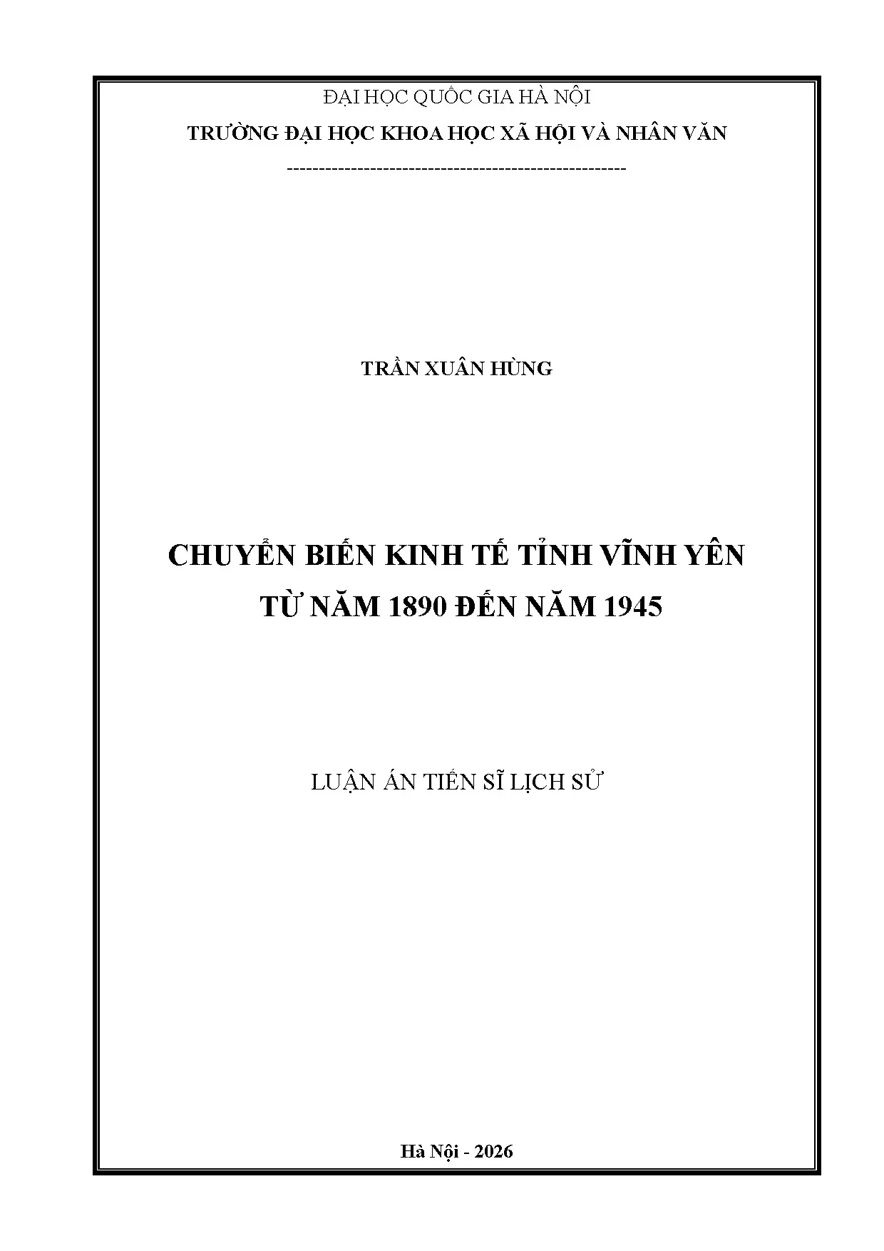 Chuyển biến kinh tế Vĩnh Yên 1890-1945: Luận án TS Trần Xuân Hùng