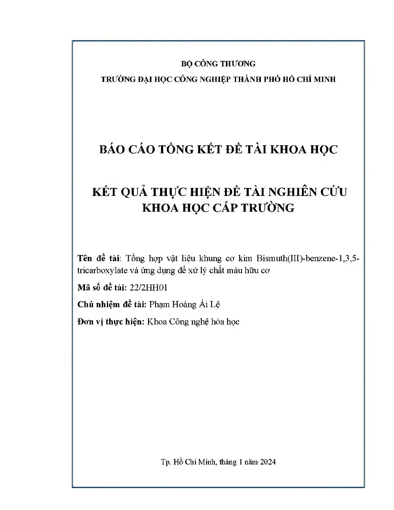 Tổng hợp vật liệu khung cơ kim Bismuth(III)-benzene-1,3,5-tricarboxylate