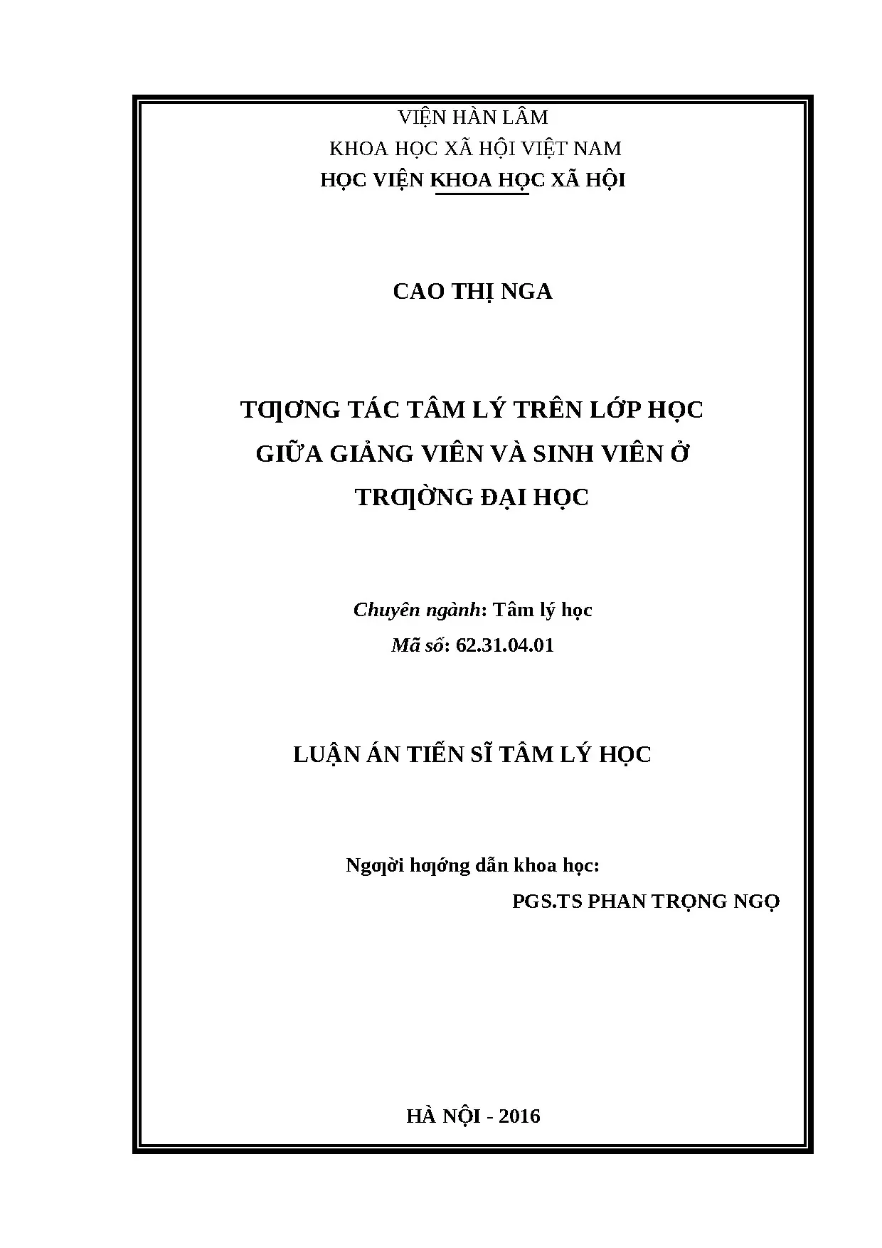 Luận án tương tác tâm lý trên lớp học giữa giảng viên và sin